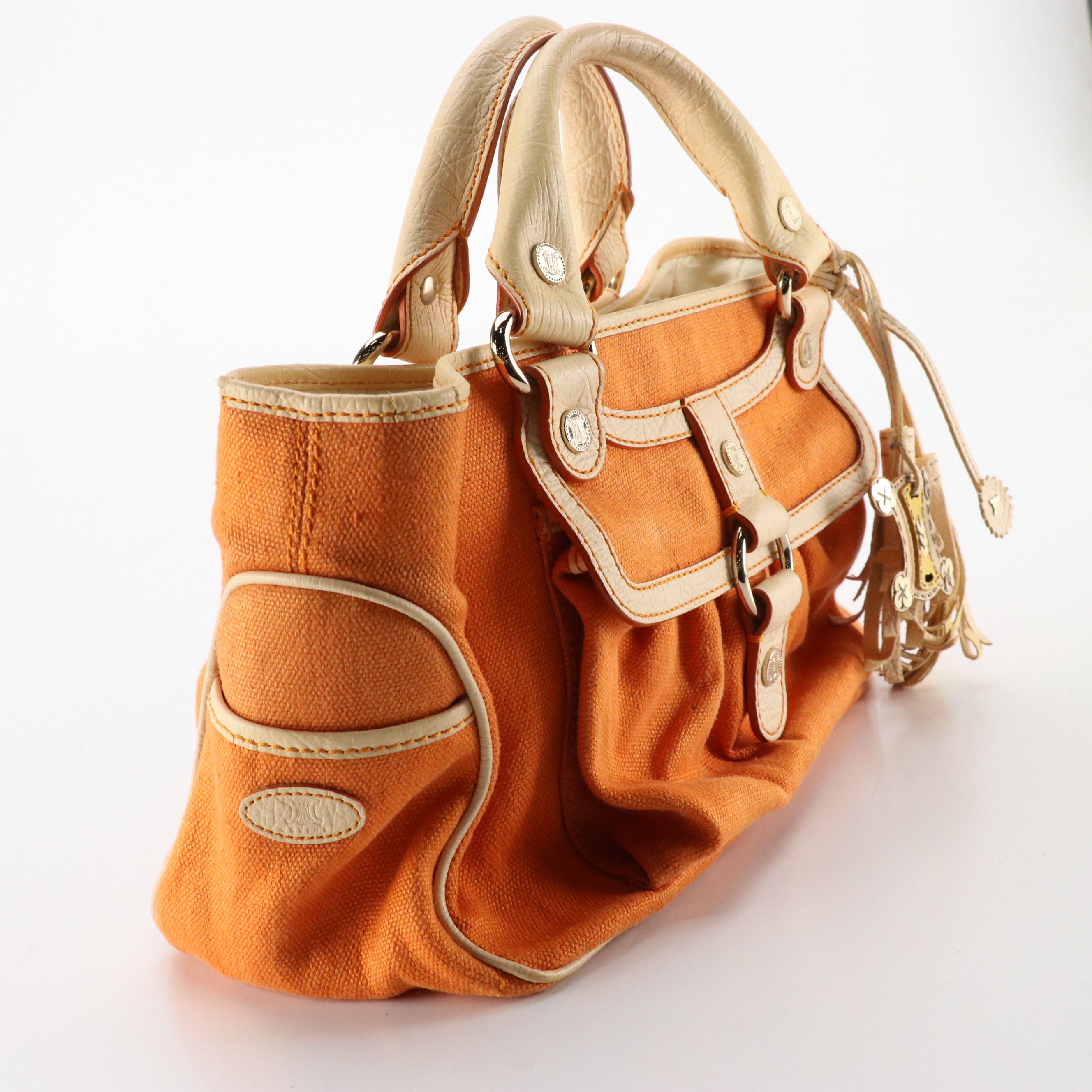 Celine Boogie Bag in Orange Canvas and White Leather Trim