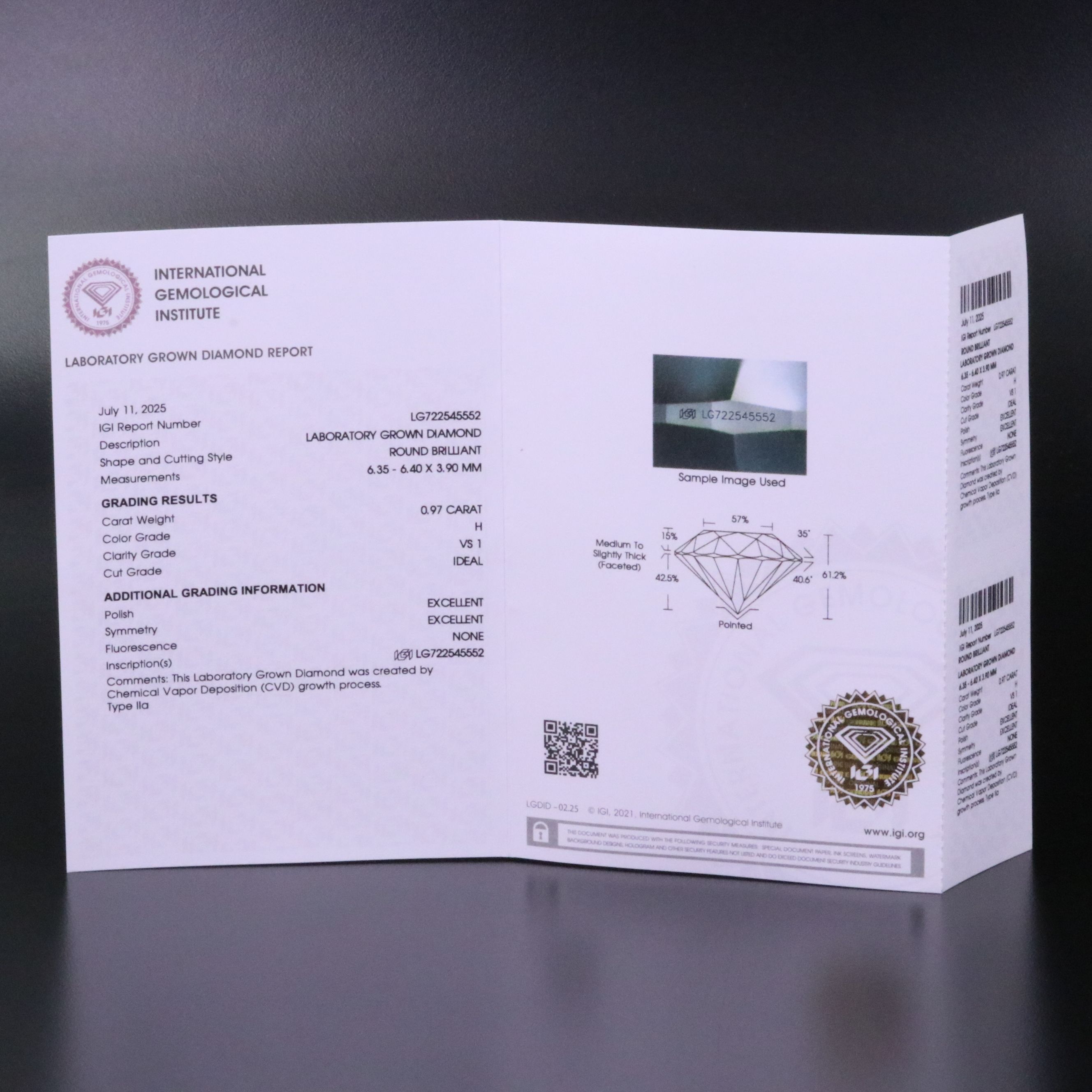 Loose 0.97 CT Lab Grown Diamond with IGI Report