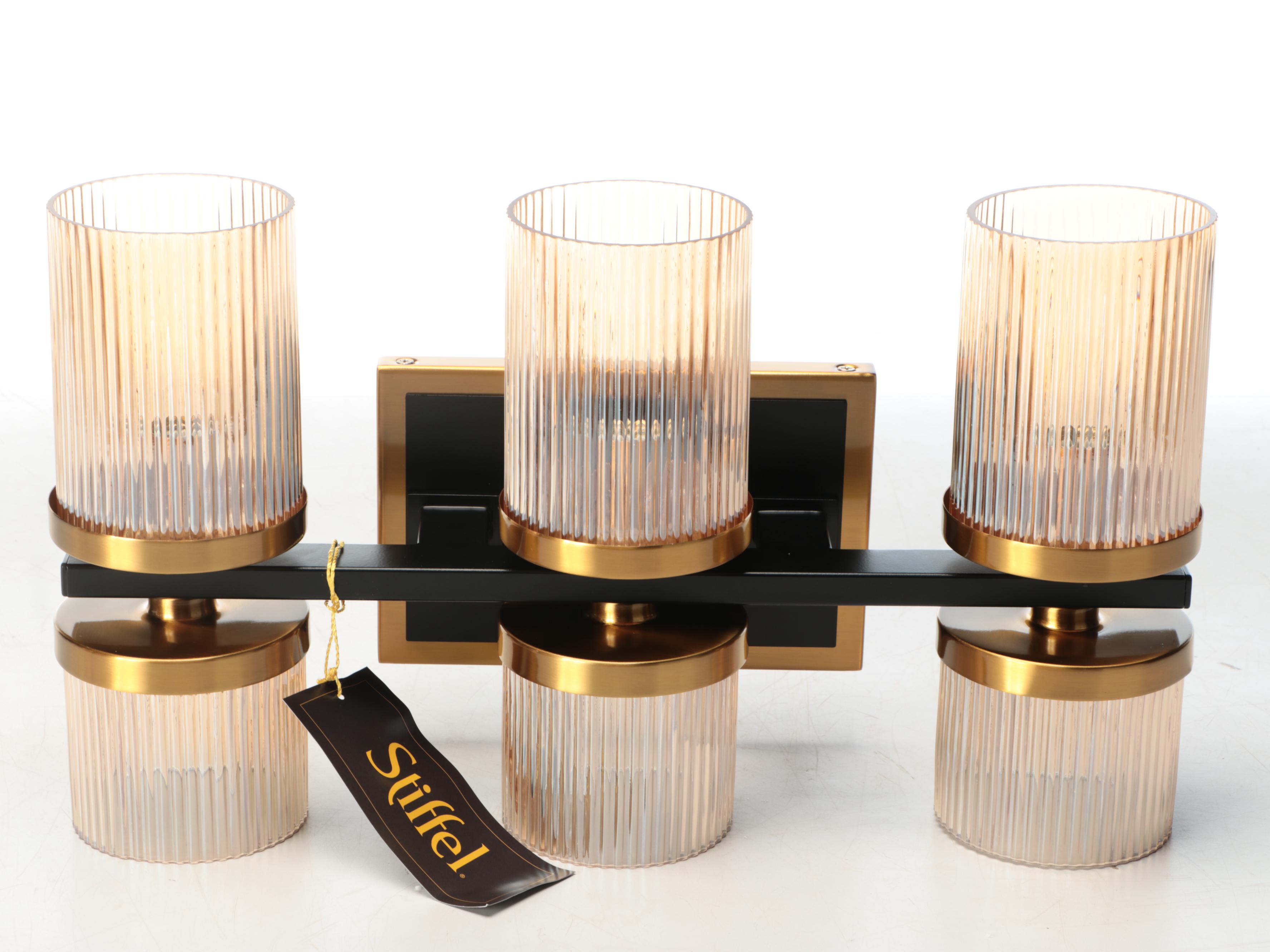 Pair of Stiffel "Palais" Three-Light Wall Sconces with Ribbed Glass Sconces