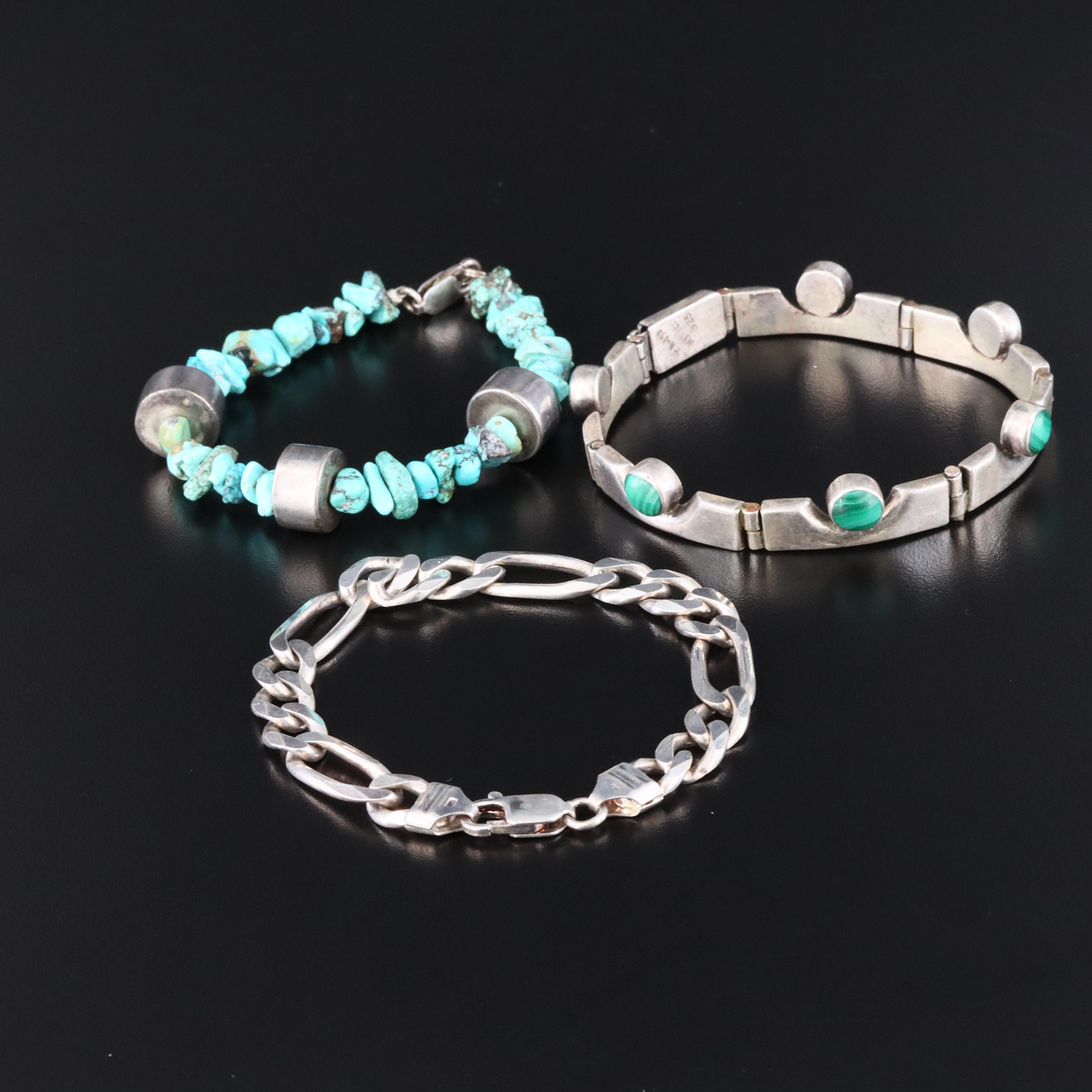 Sterling Figaro Chain, Turquoise and Malachite Bracelets