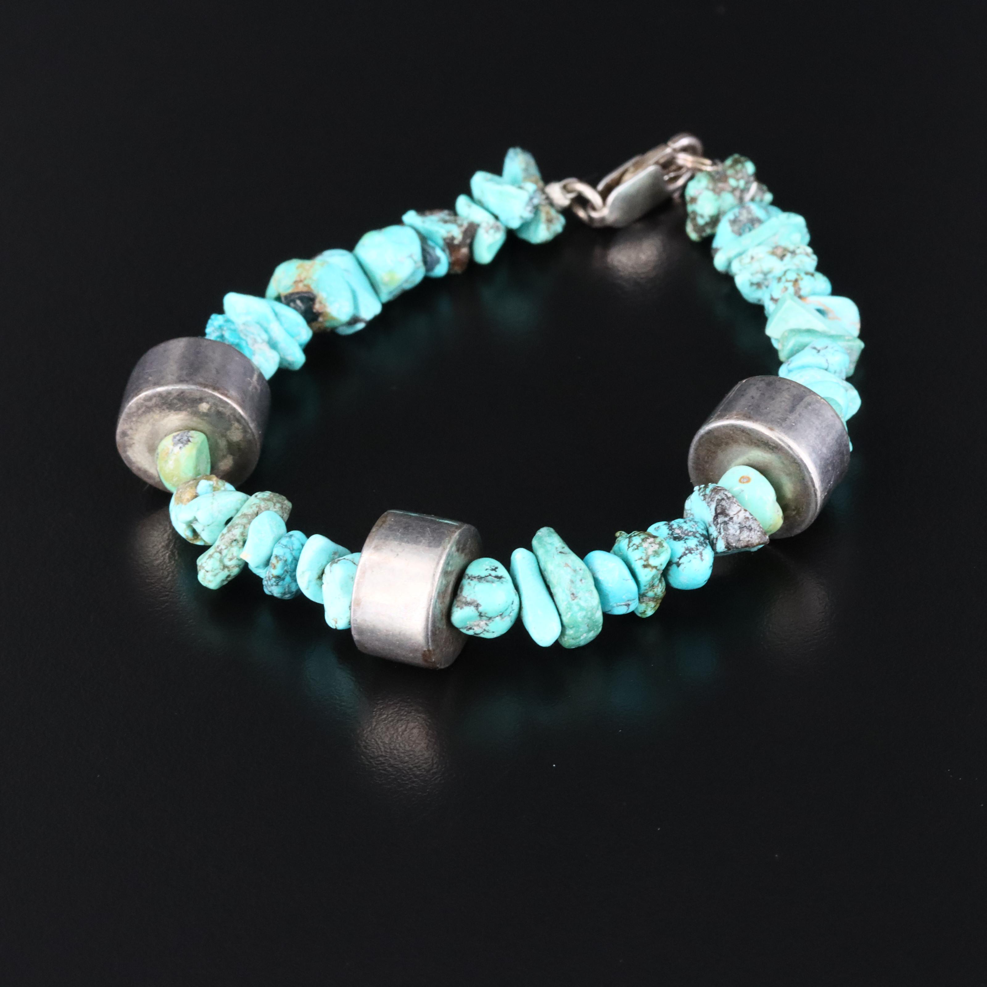 Sterling Figaro Chain, Turquoise and Malachite Bracelets