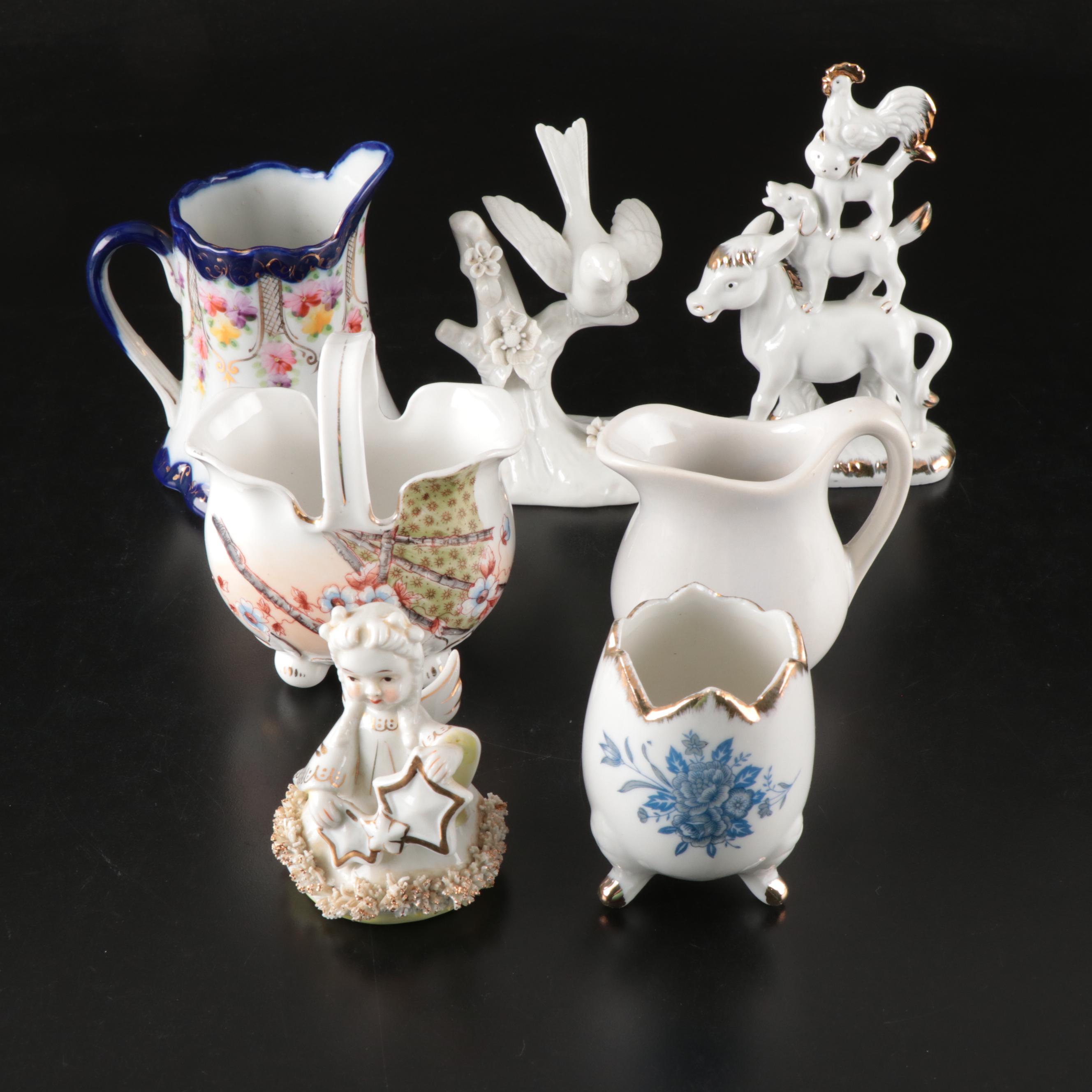 Porcelain "Goldfinch" Figure with McCoy Creamer and Other Décor