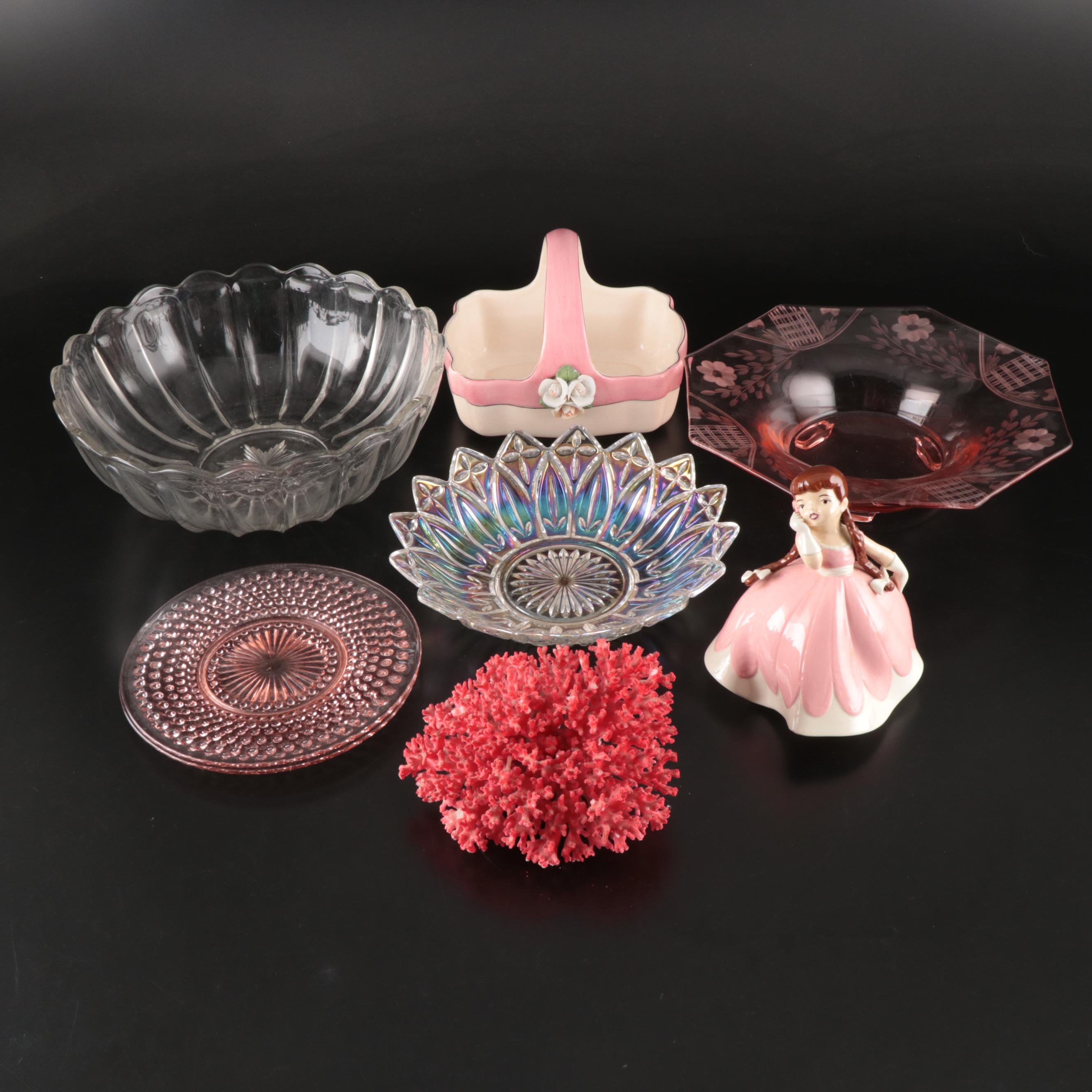 Anchor Hocking "Hobnail Pink" Plates with Iridescent Petal Serving Bowl and More