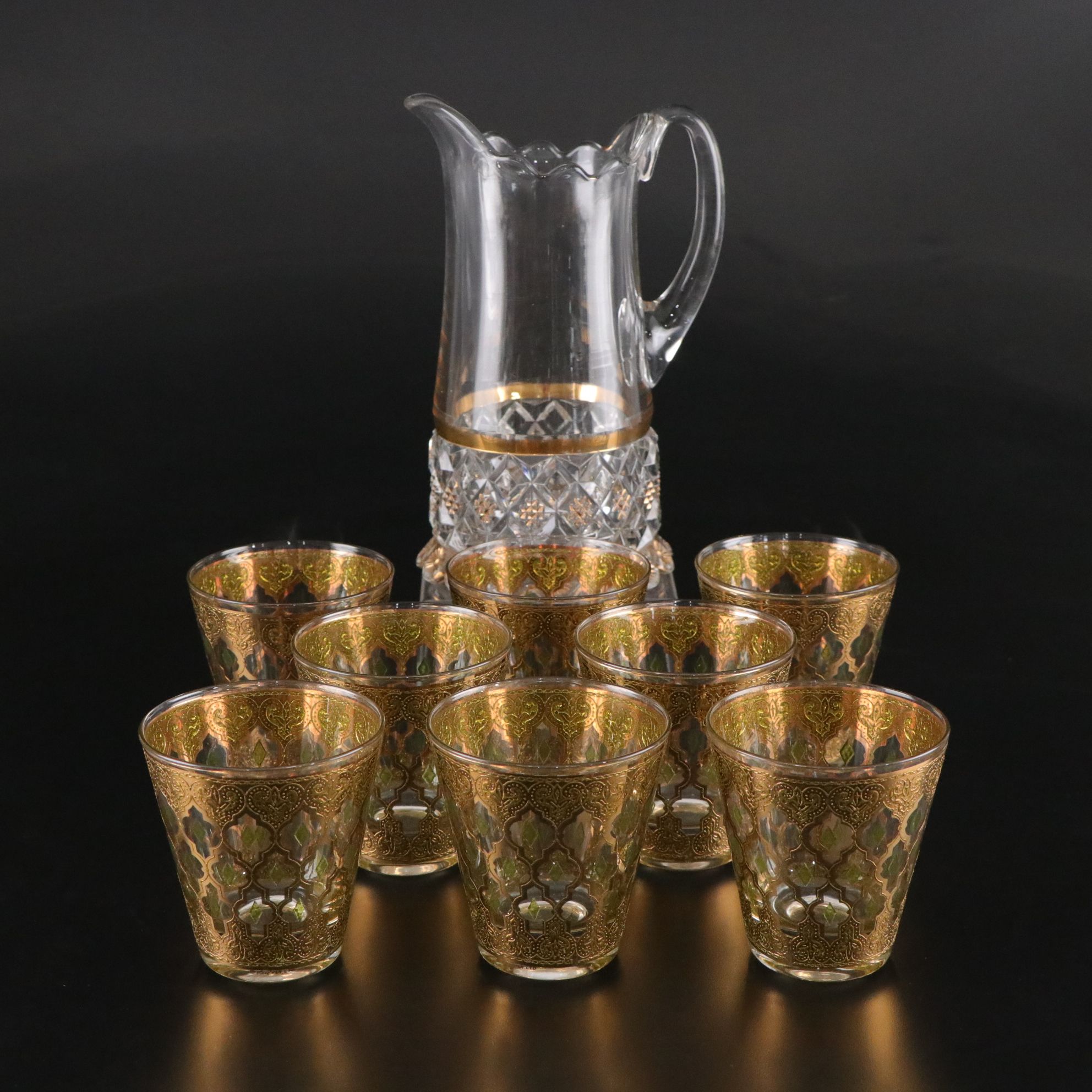 Culver "Valencia" Pitcher and Set of Flared Double Old Fashioned Glasses, 1960s