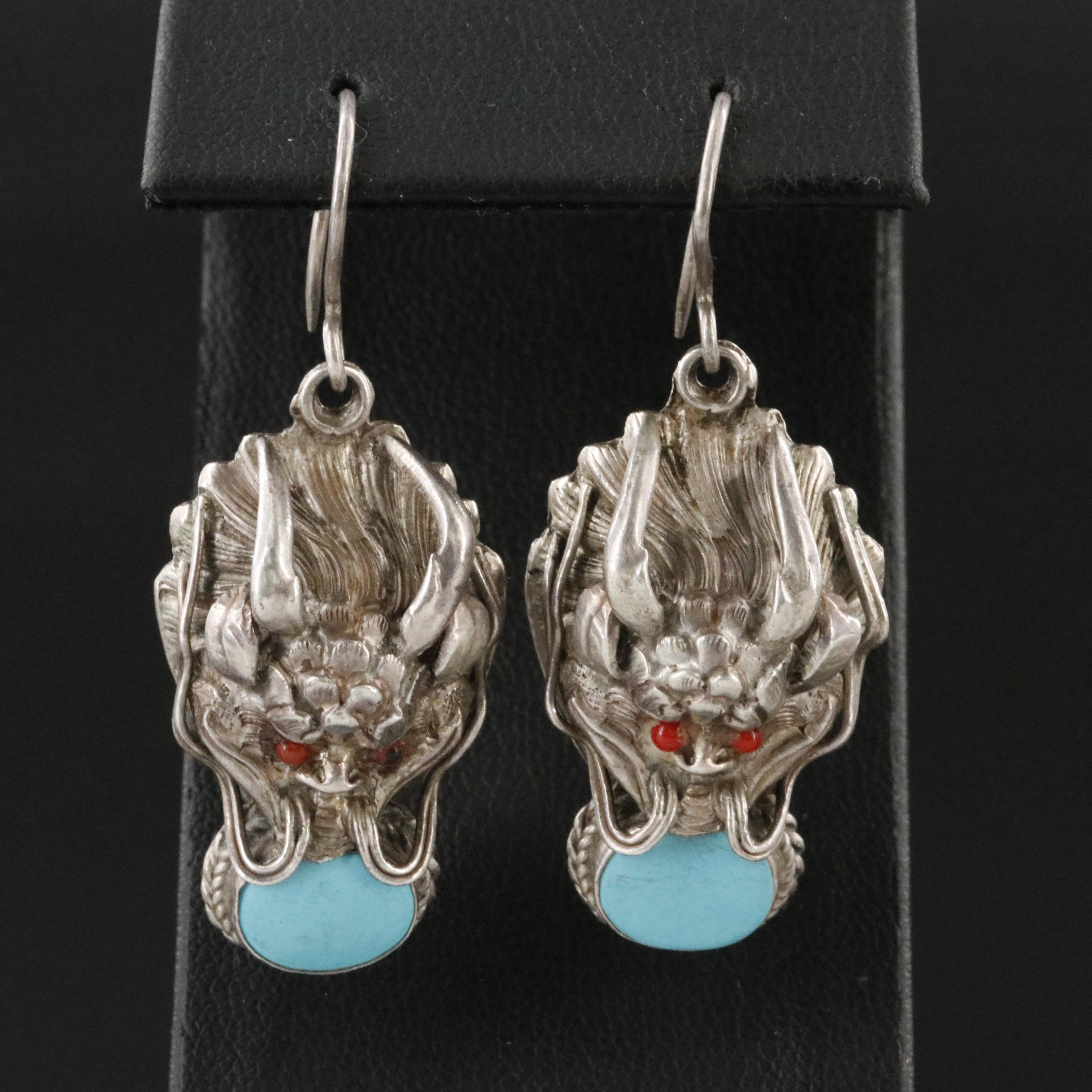 Sterling Faux Turquoise Dragon Drop Earrings