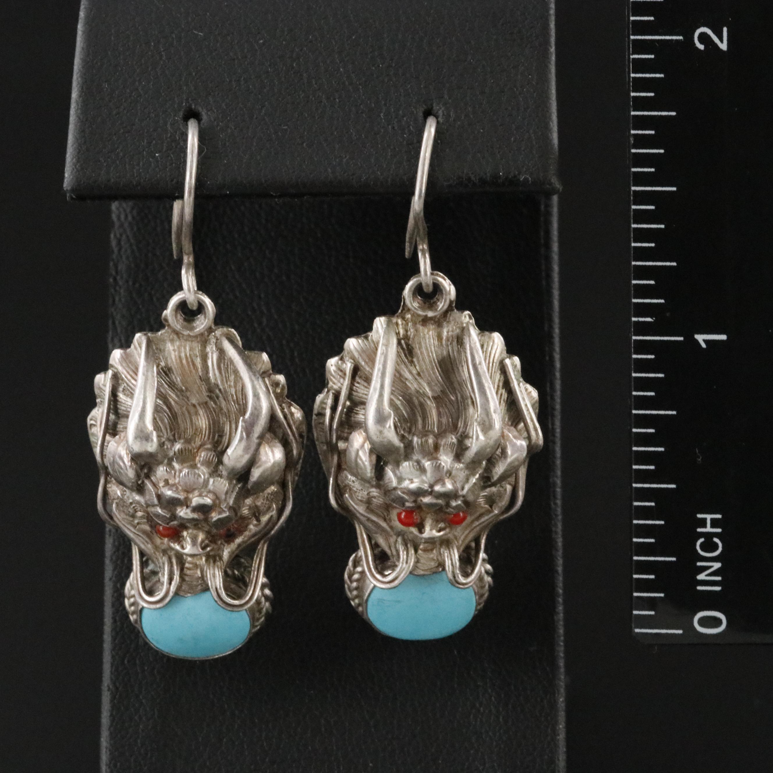 Sterling Faux Turquoise Dragon Drop Earrings