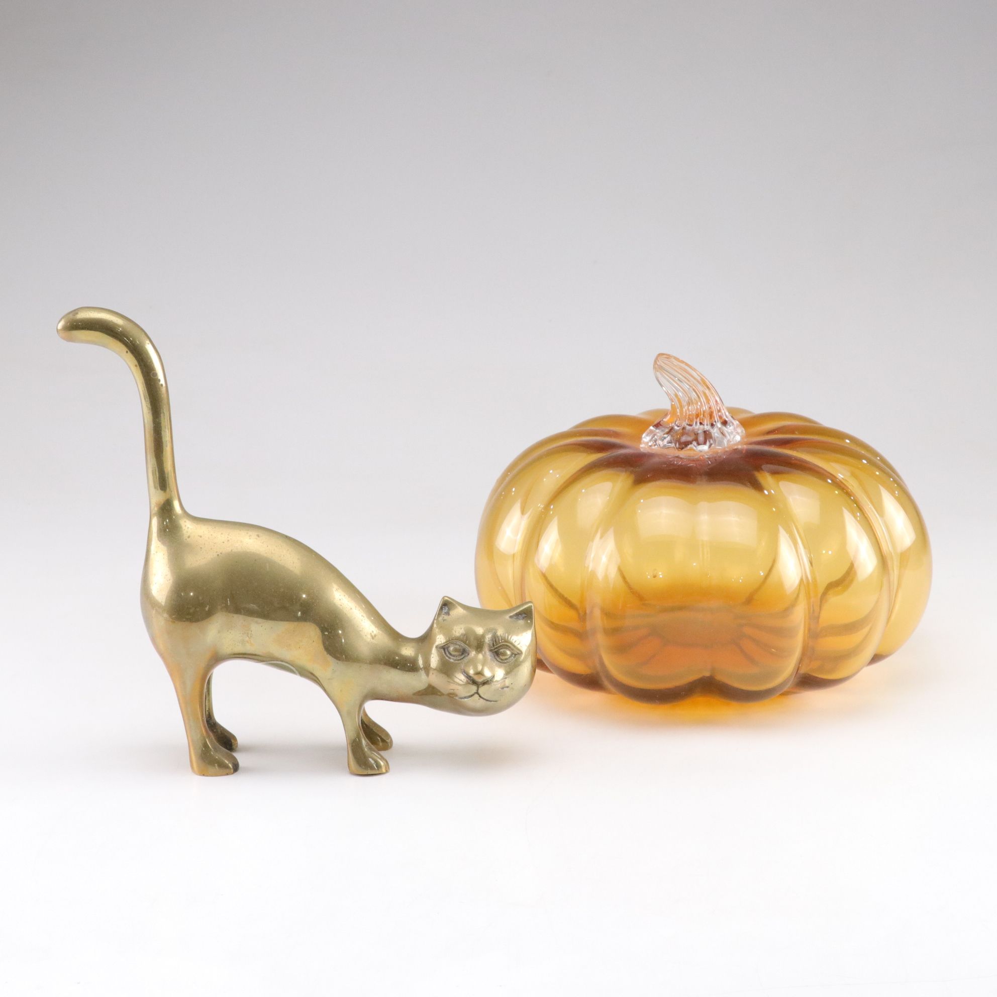 Amber Hand Blown Glass Pumpkin and Brass Cat Figurine