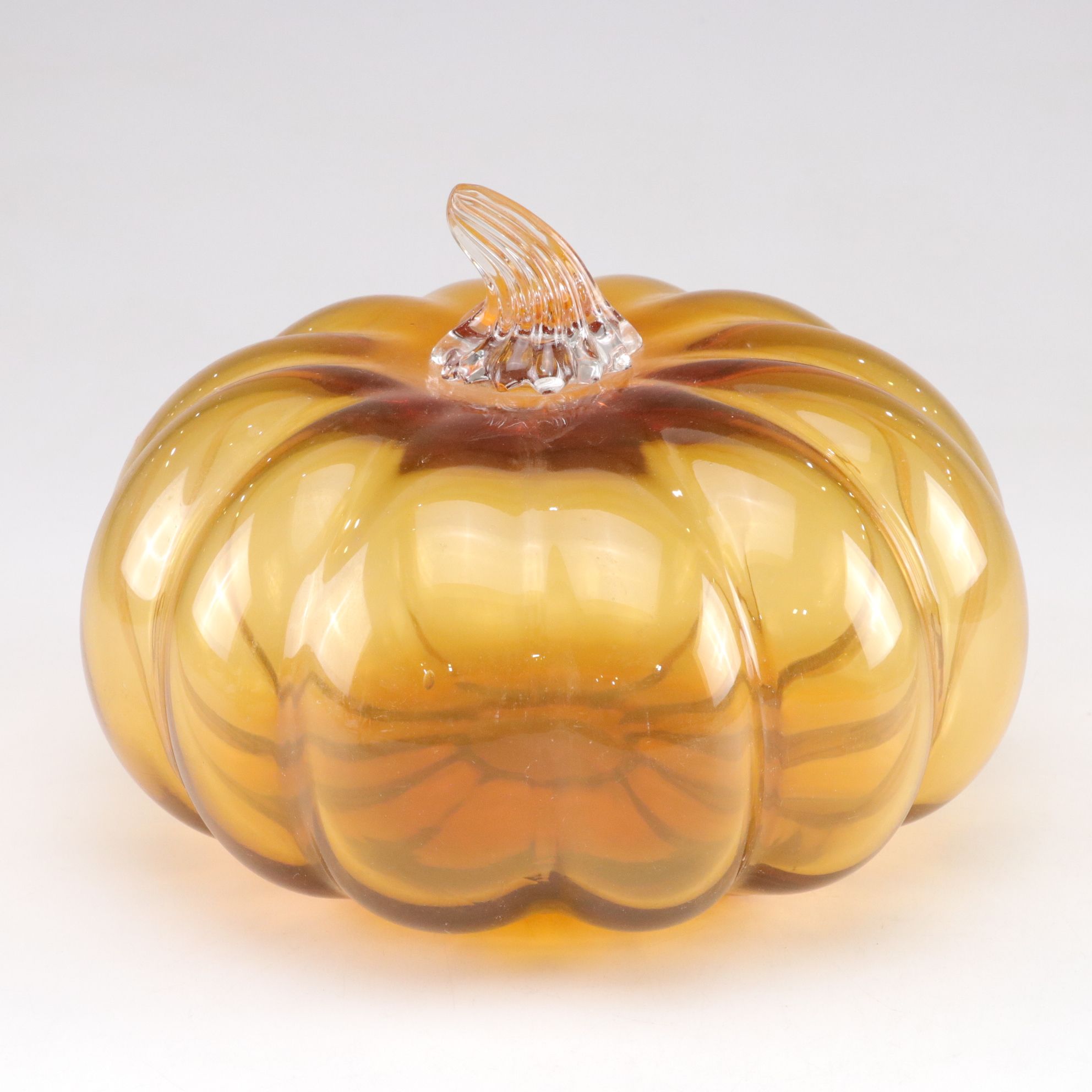 Amber Hand Blown Glass Pumpkin and Brass Cat Figurine