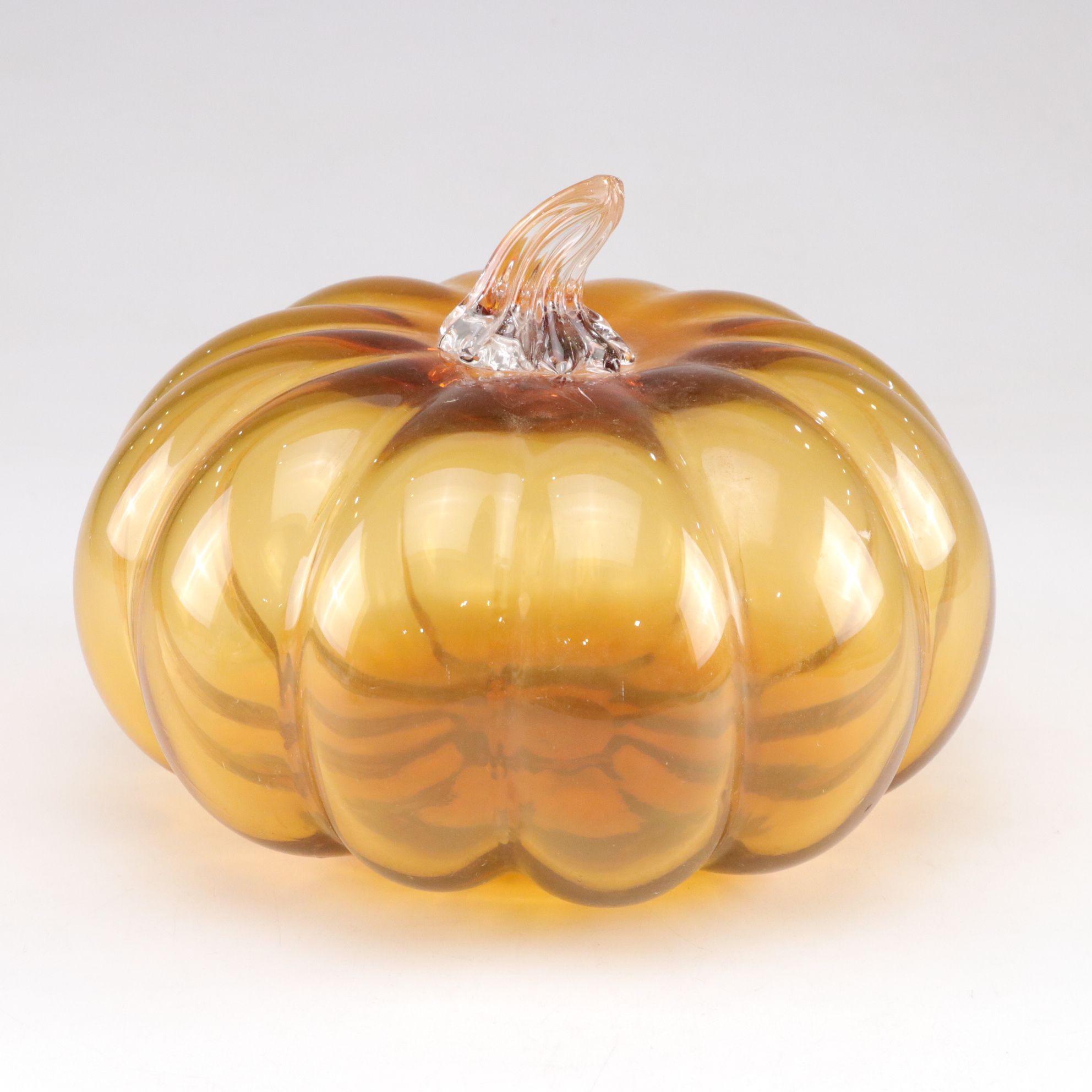 Amber Hand Blown Glass Pumpkin and Brass Cat Figurine