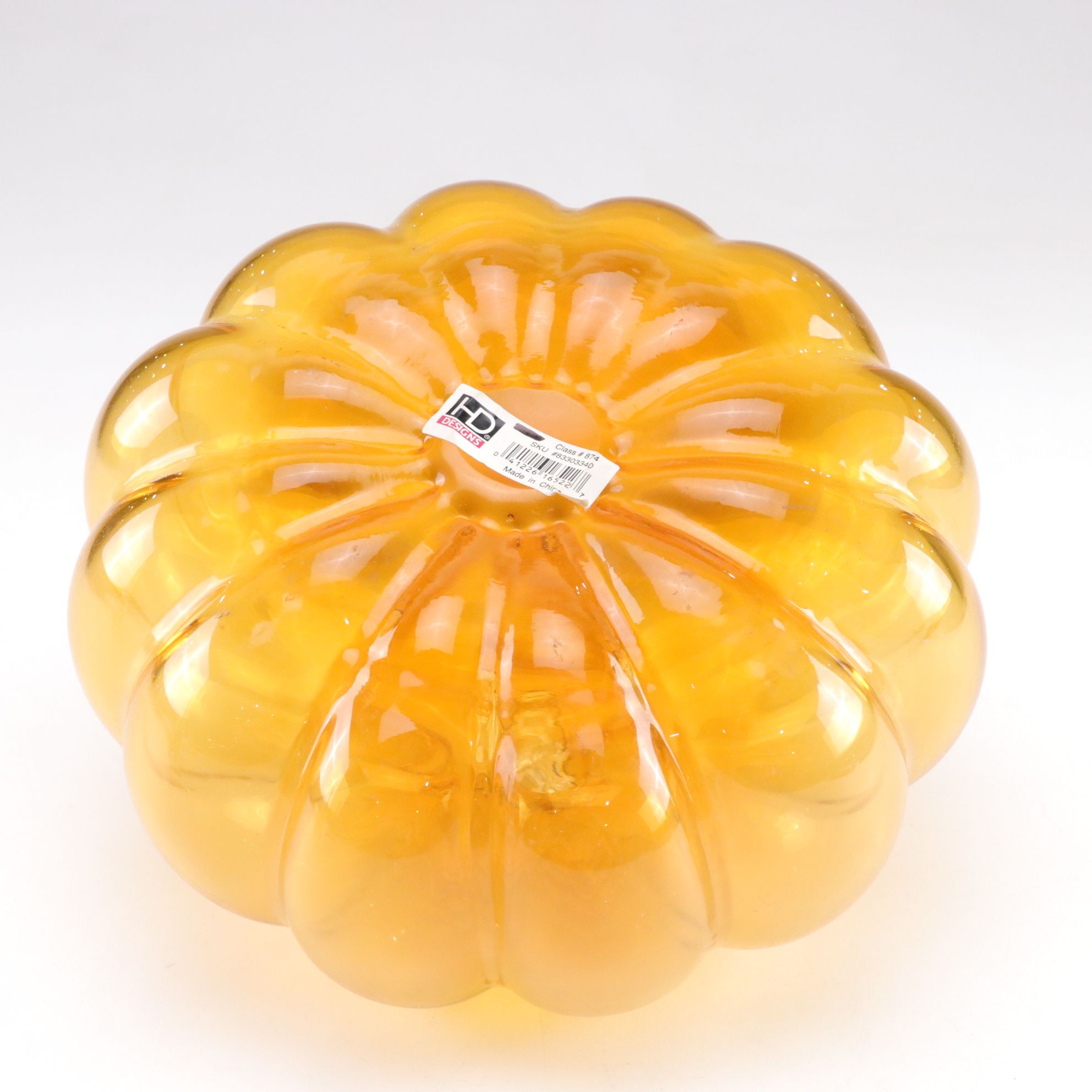 Amber Hand Blown Glass Pumpkin and Brass Cat Figurine