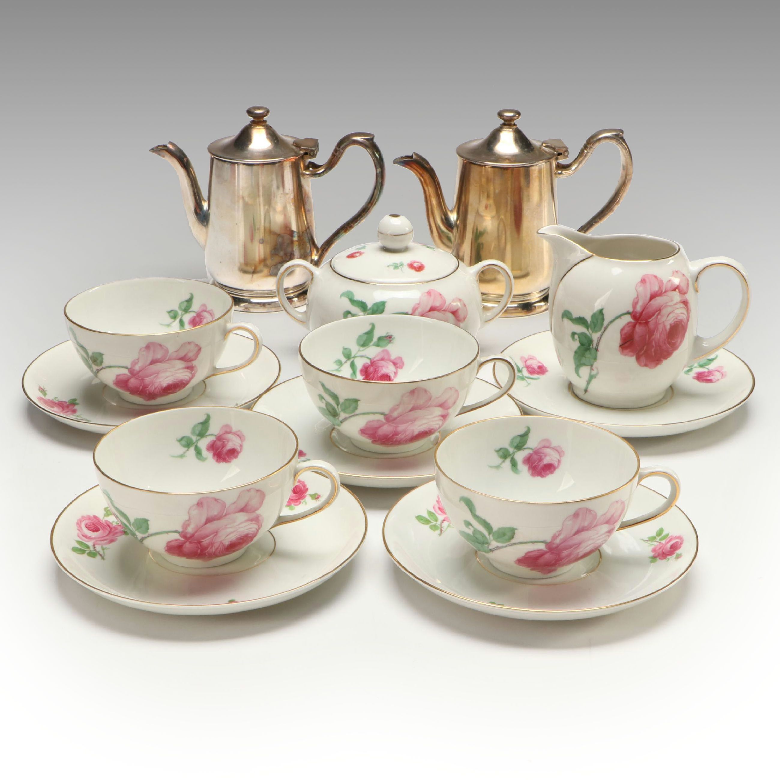 Fein Bayreuth and Other German Porcelain with Silver Plate Beverage Servers