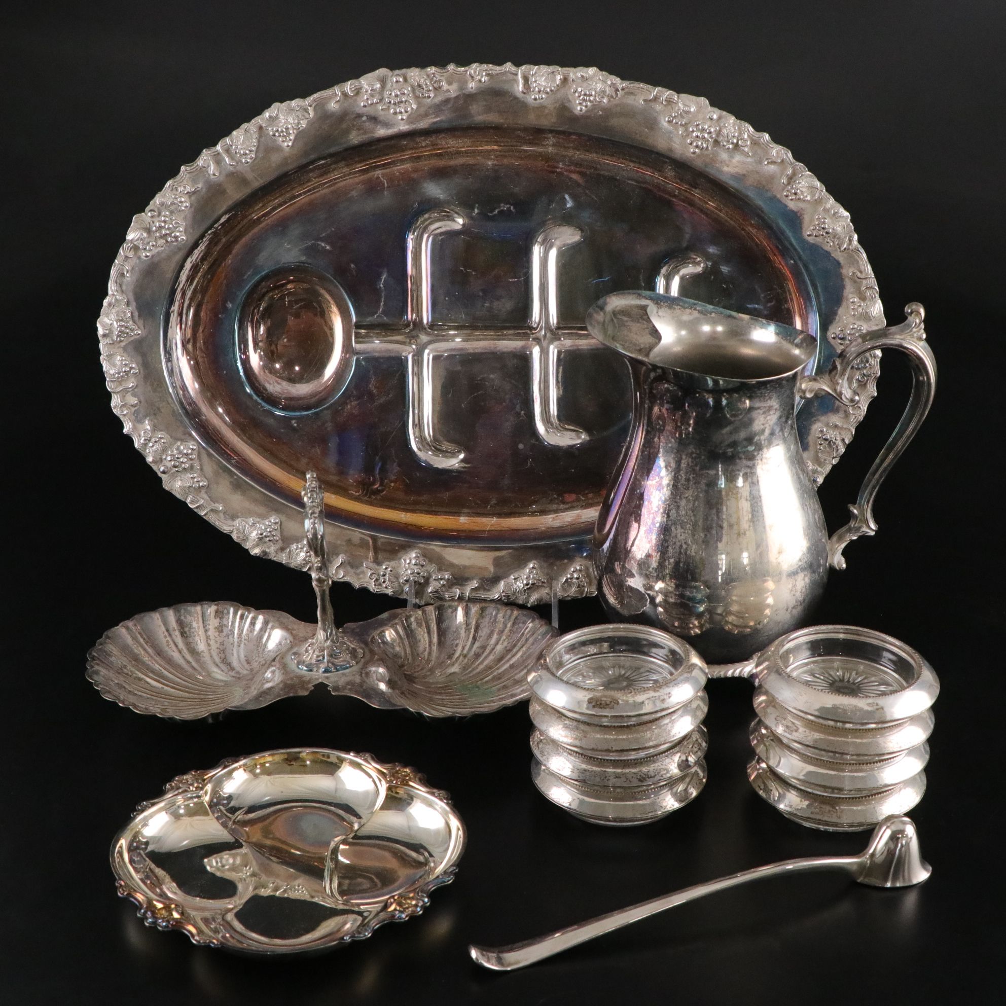 Silver Plate Footed Serving Tray, Wine Coasters & More