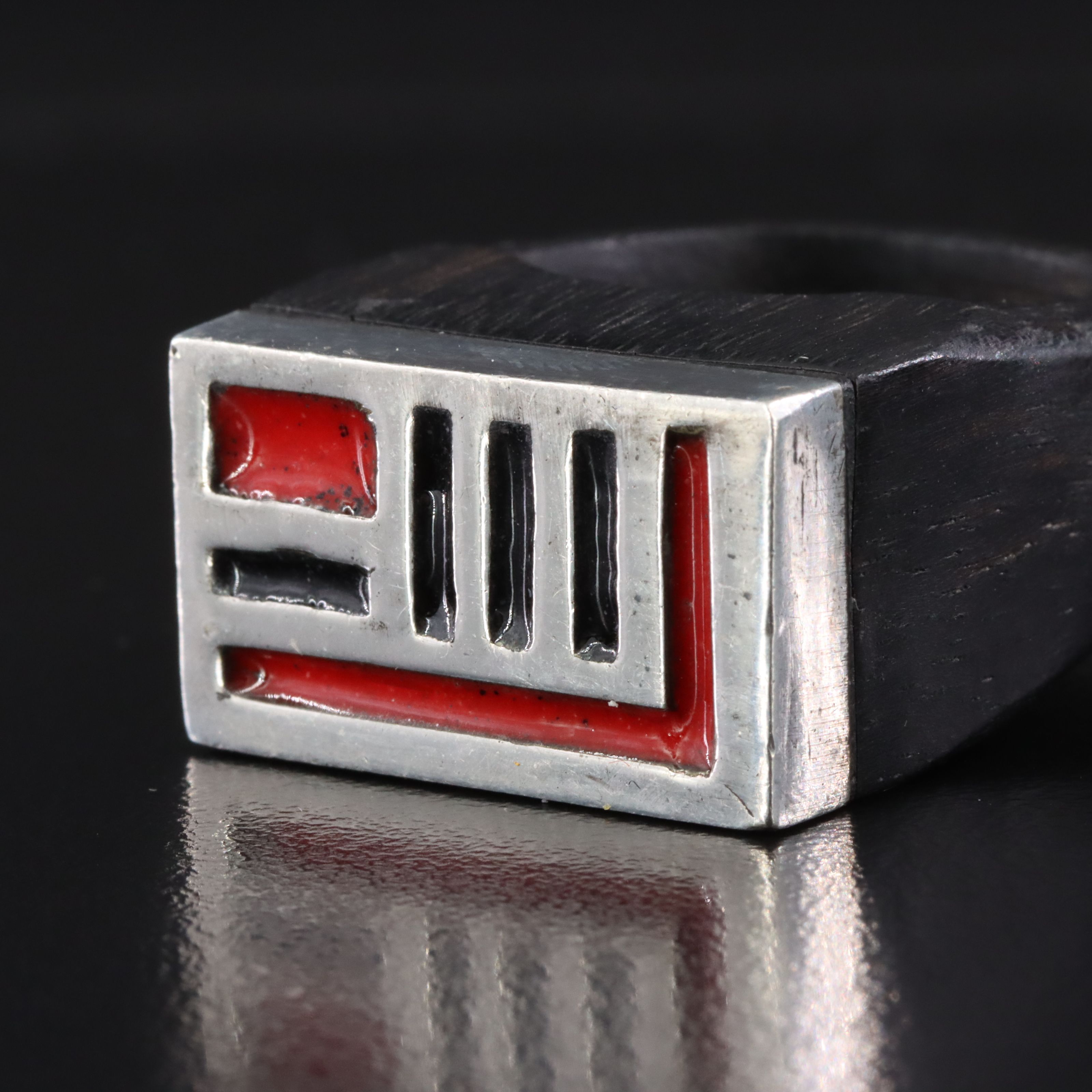Sterling Enamel and Wood East-West Ring