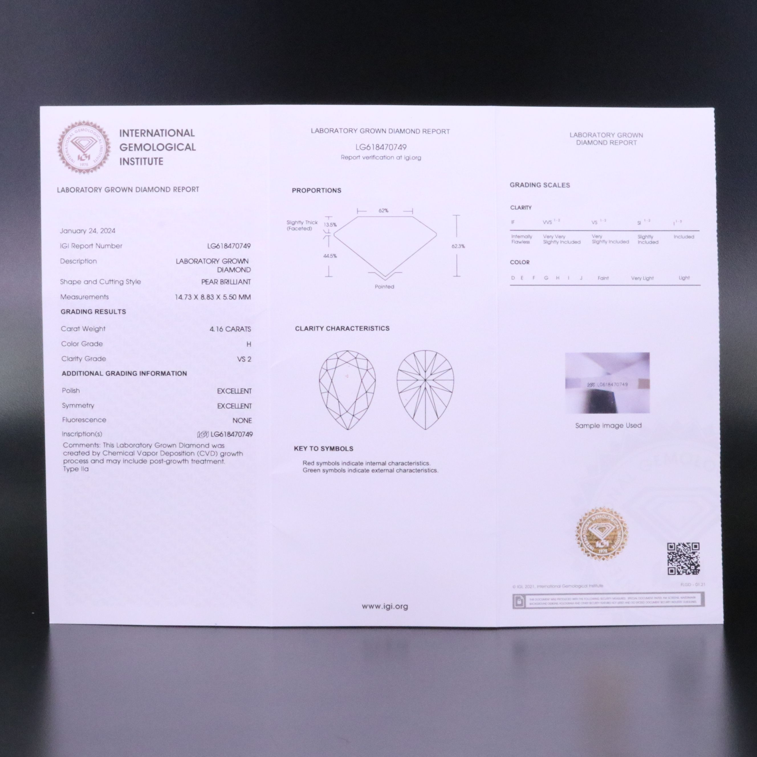 Loose 4.16 CT Lab Grown Diamond with IGI Report