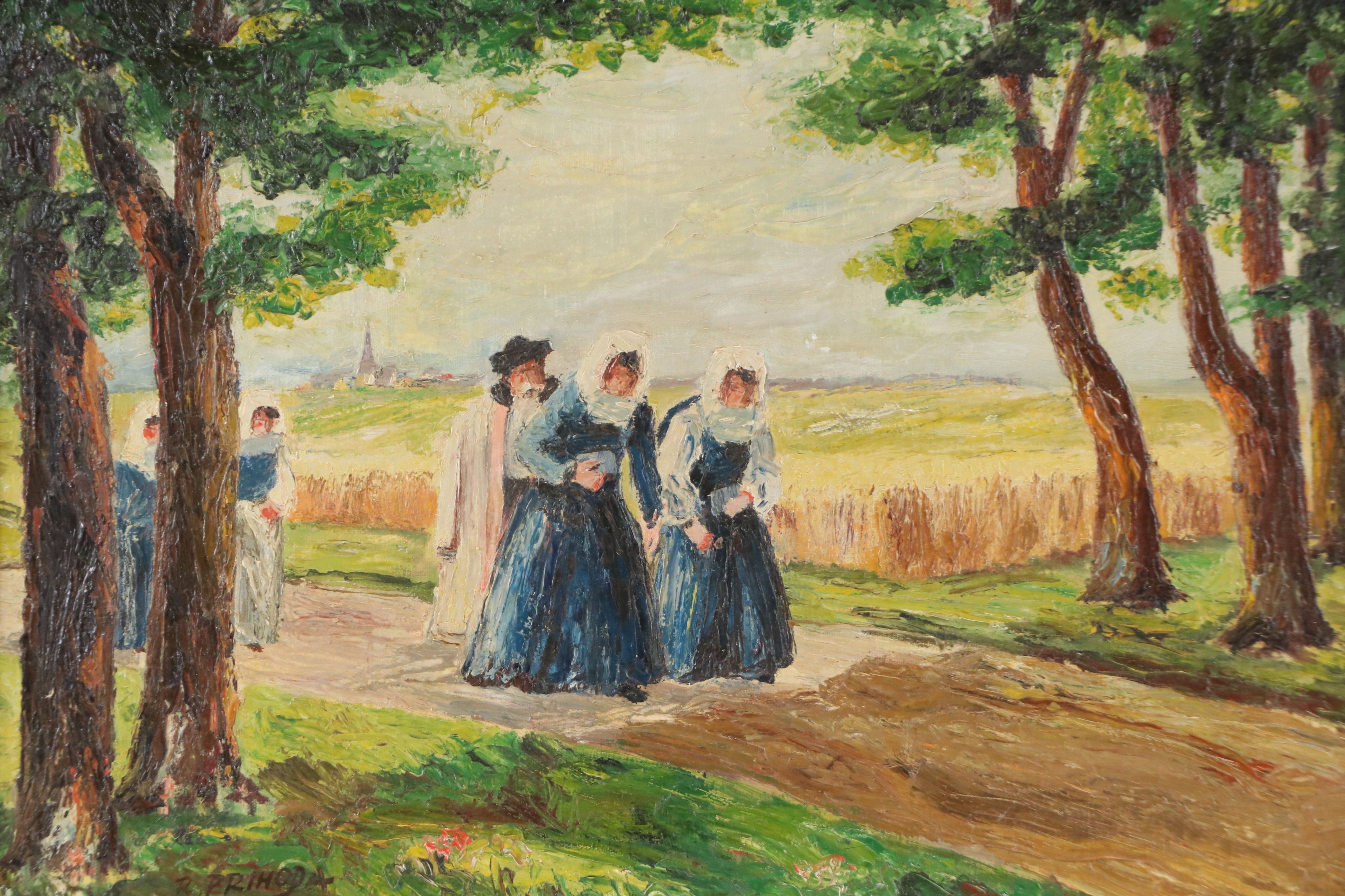 Oil Painting of Women on a Country Road, Mid-20th Century