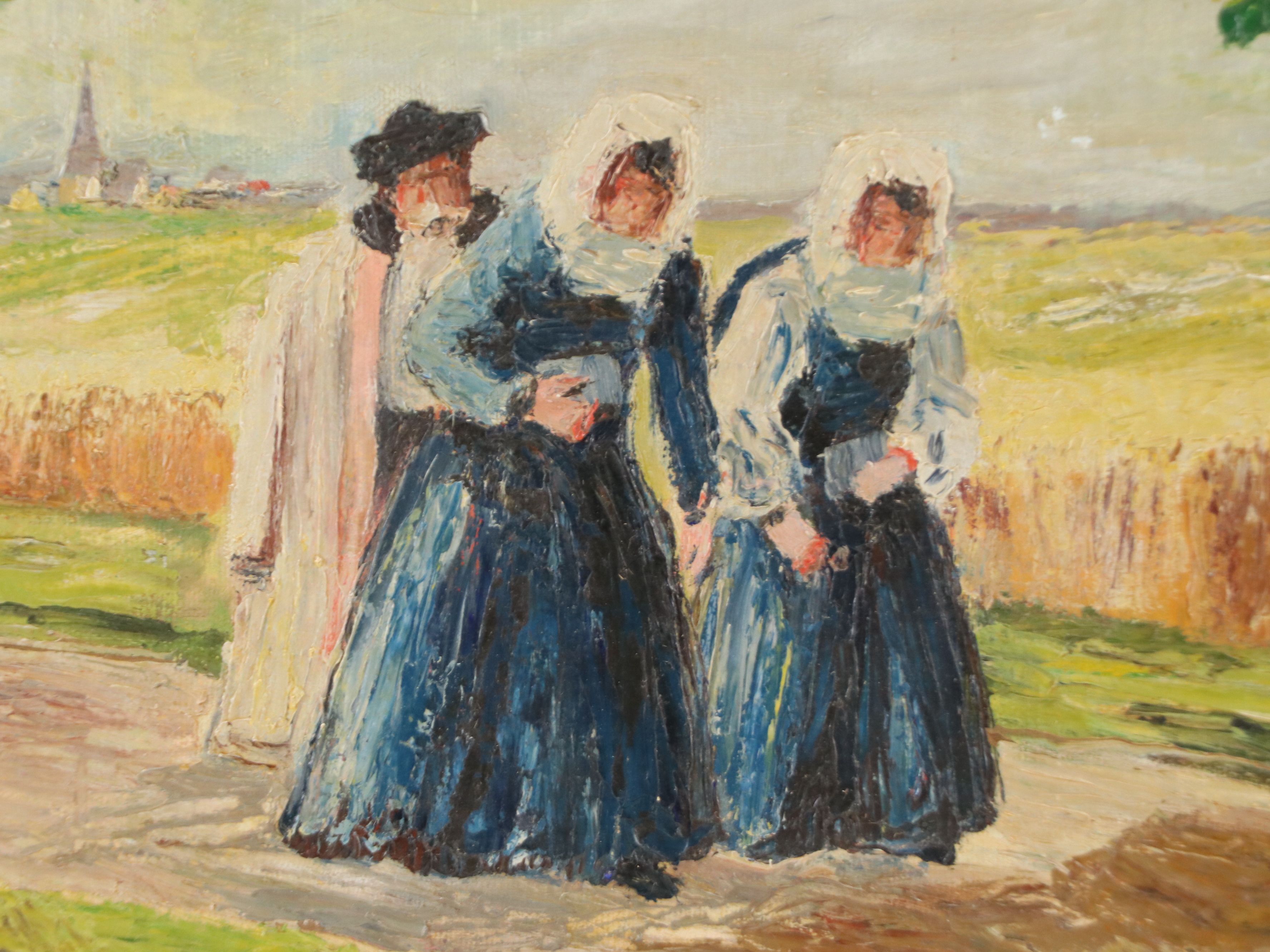 Oil Painting of Women on a Country Road, Mid-20th Century