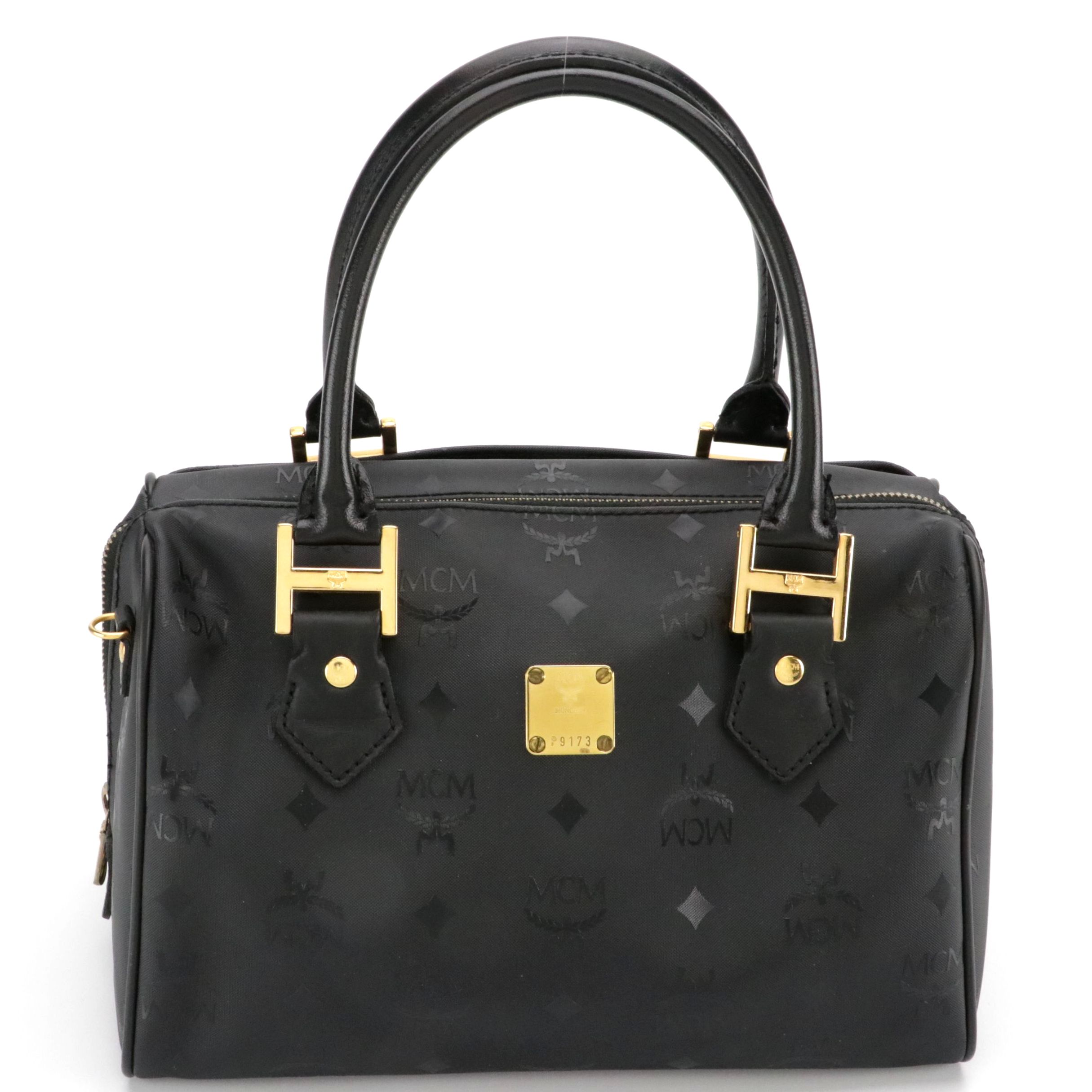 MCM Satchel in Black Visetos Nylon Canvas with Leather Trim