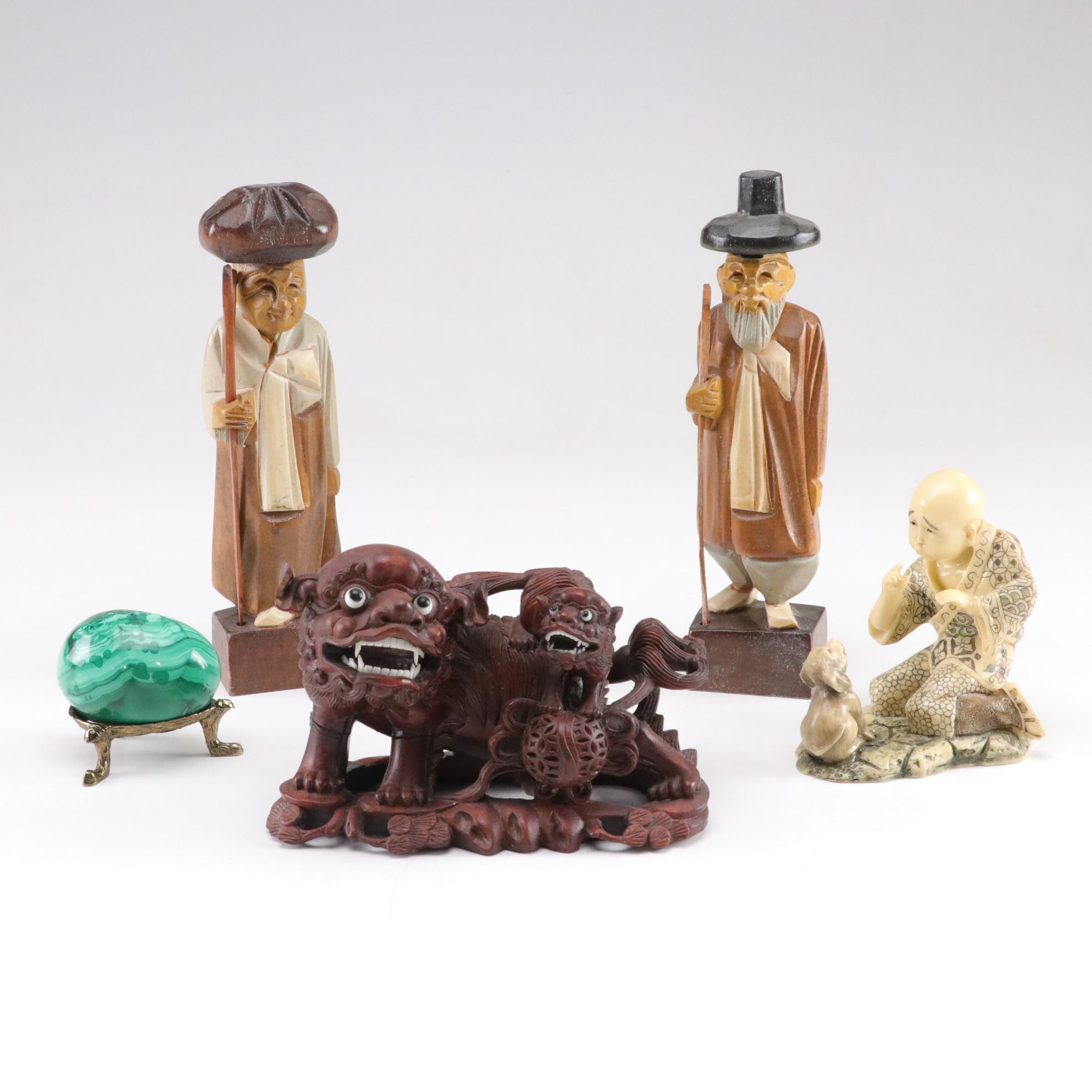 Chinese Carved Guardian Lion with Cub, Malachite Egg, and Figures