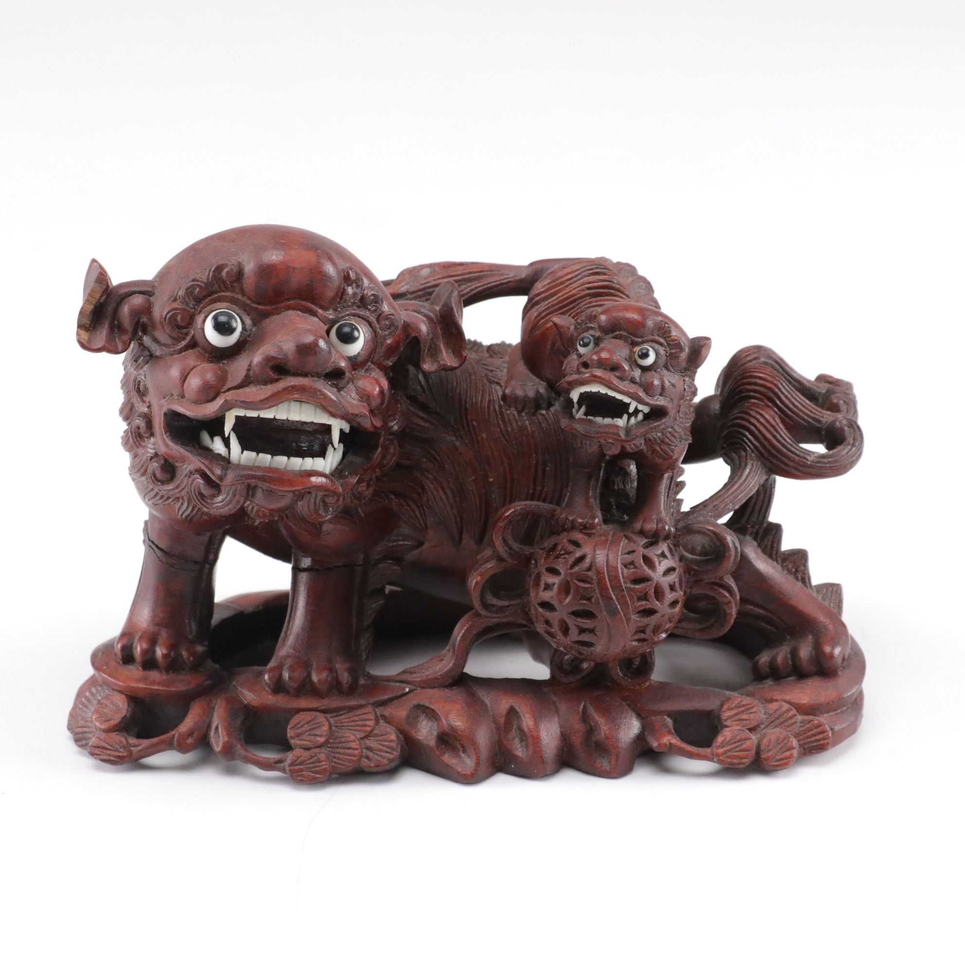 Chinese Carved Guardian Lion with Cub, Malachite Egg, and Figures