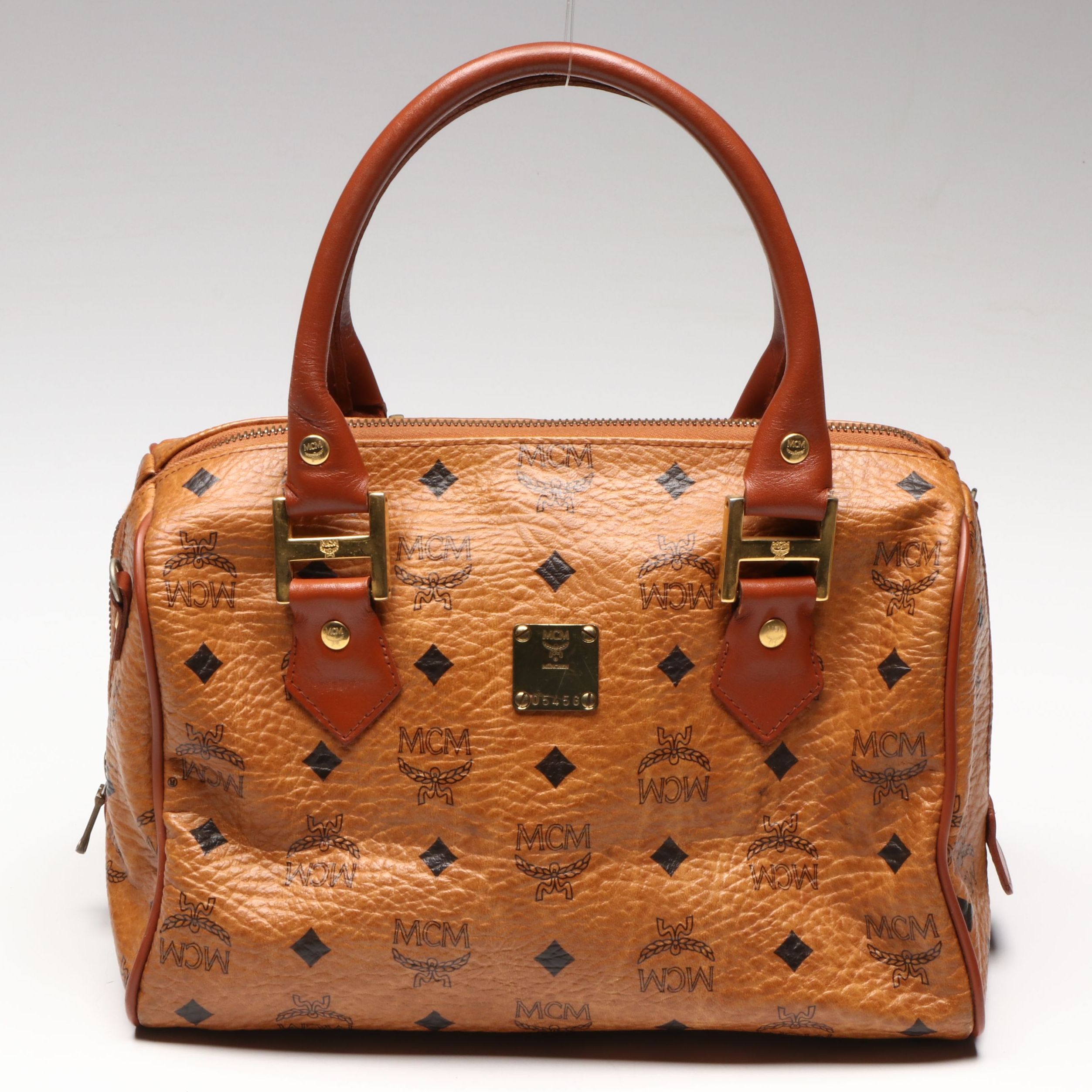 MCM Boston Crossbody Bag in Cognac Visetos Canvas and Leather