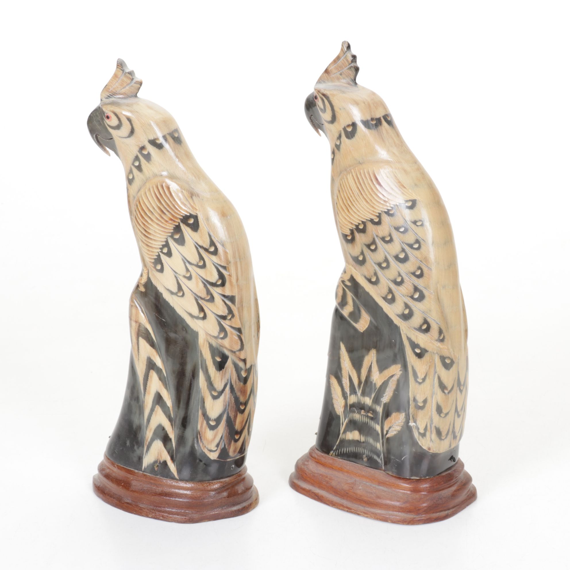 Carved Horn Parrot Bird Sculptures with Market Boat