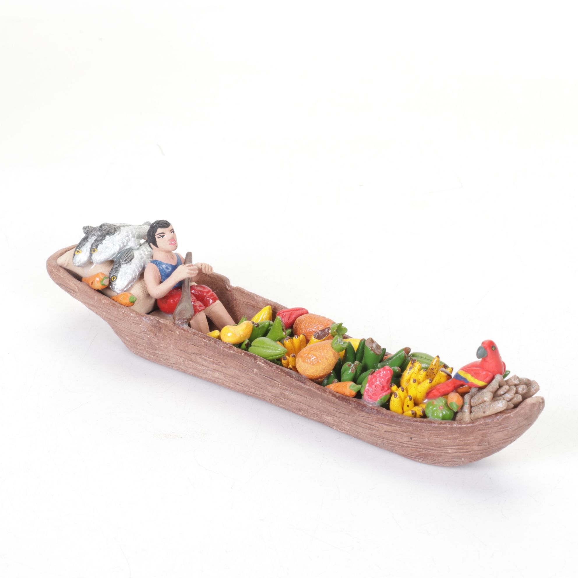 Carved Horn Parrot Bird Sculptures with Market Boat