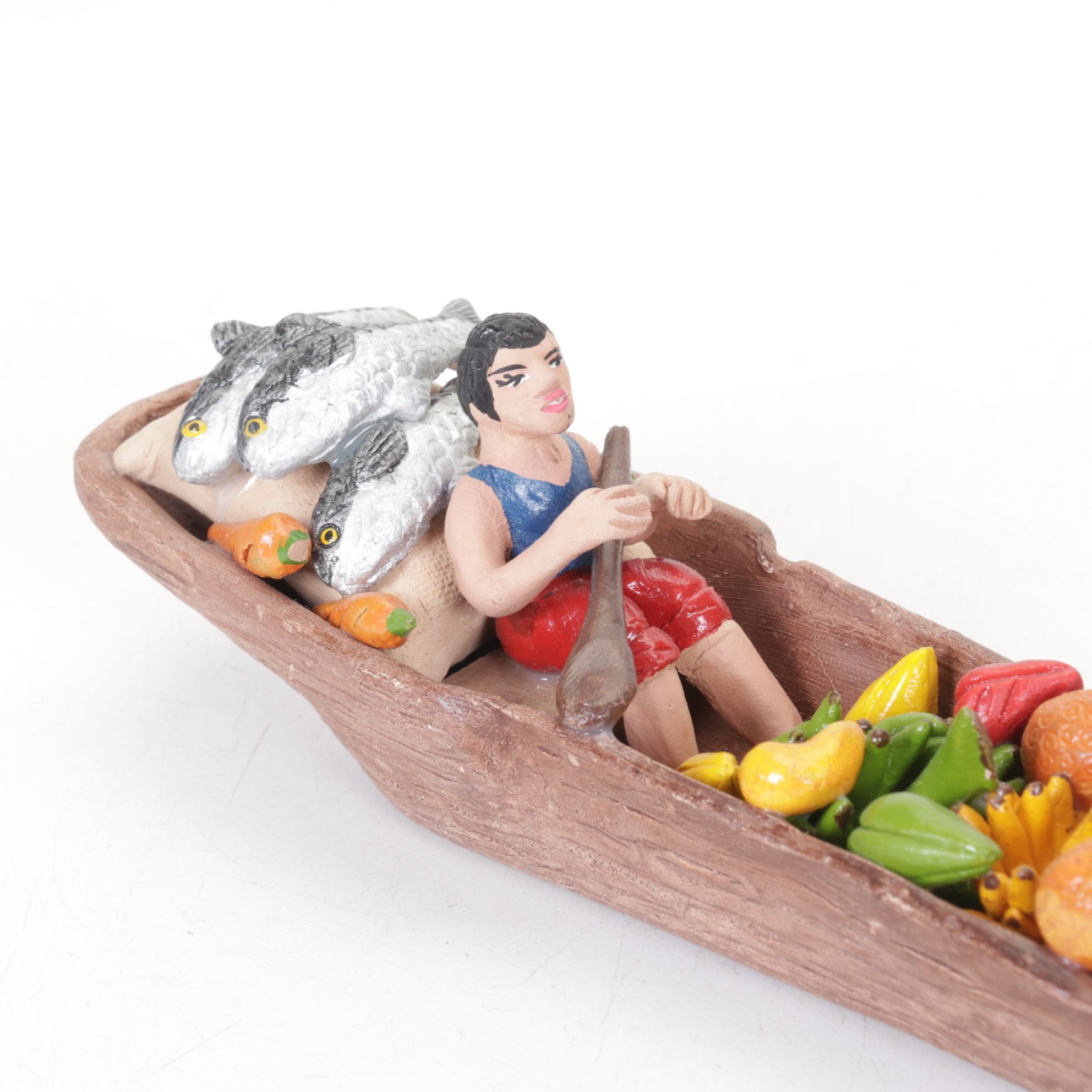 Carved Horn Parrot Bird Sculptures with Market Boat