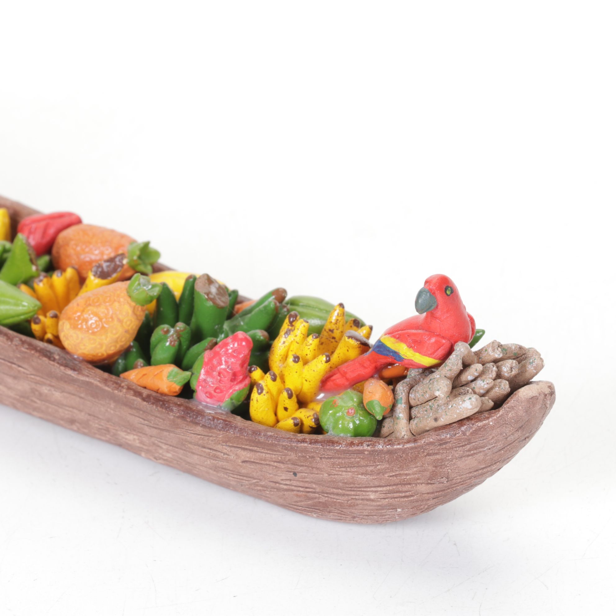 Carved Horn Parrot Bird Sculptures with Market Boat