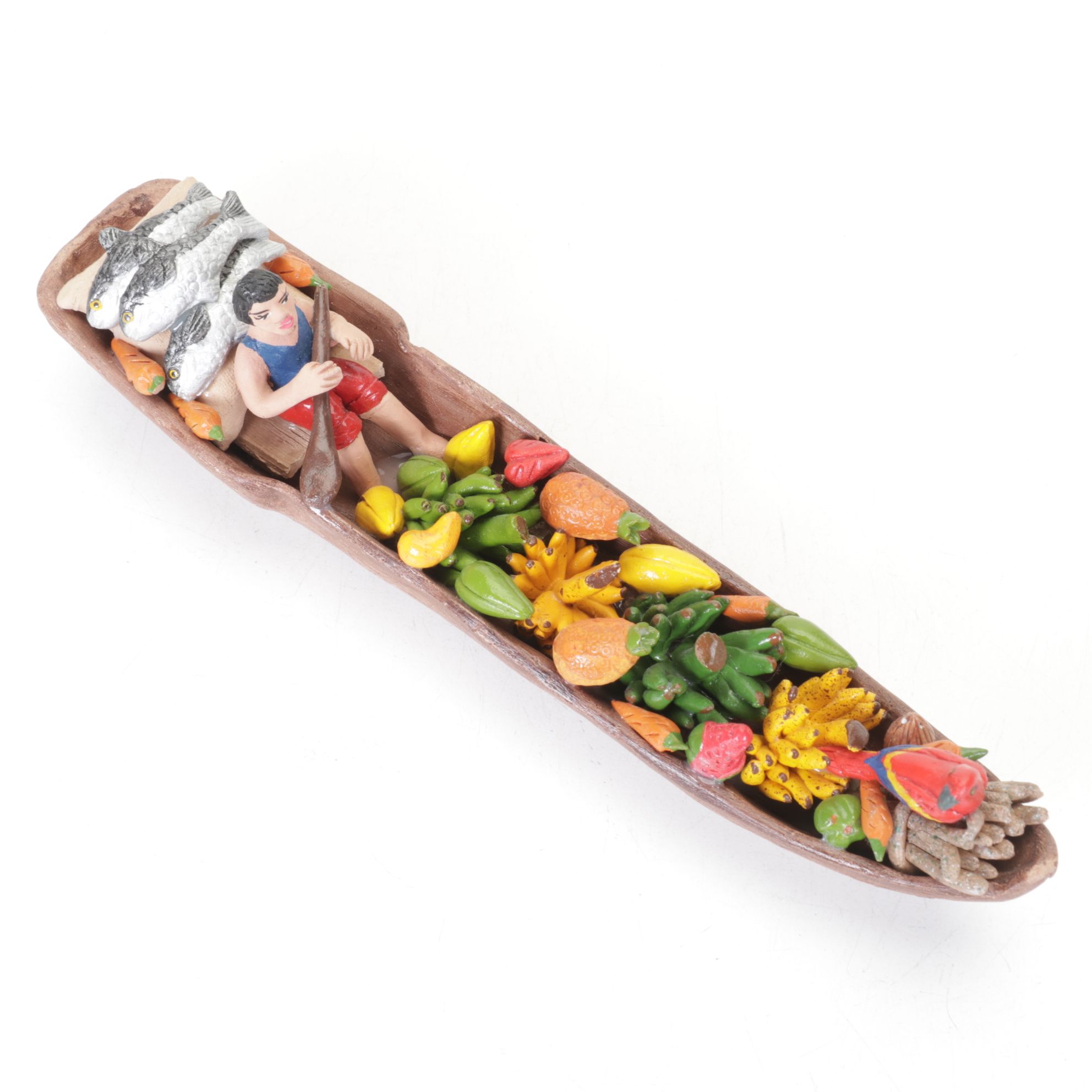 Carved Horn Parrot Bird Sculptures with Market Boat