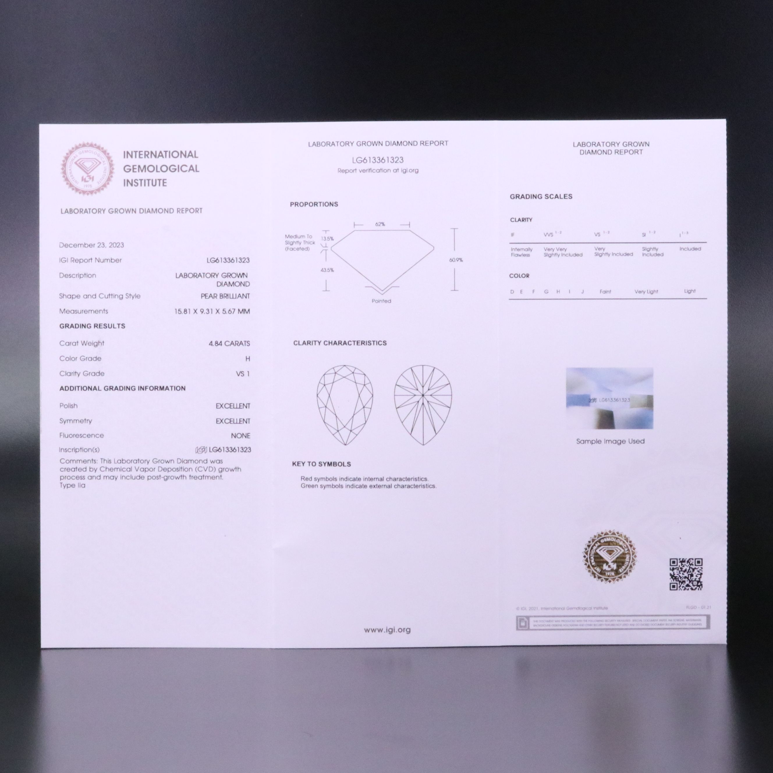 Loose 4.84 CT Lab Grown Diamond with IGI Report