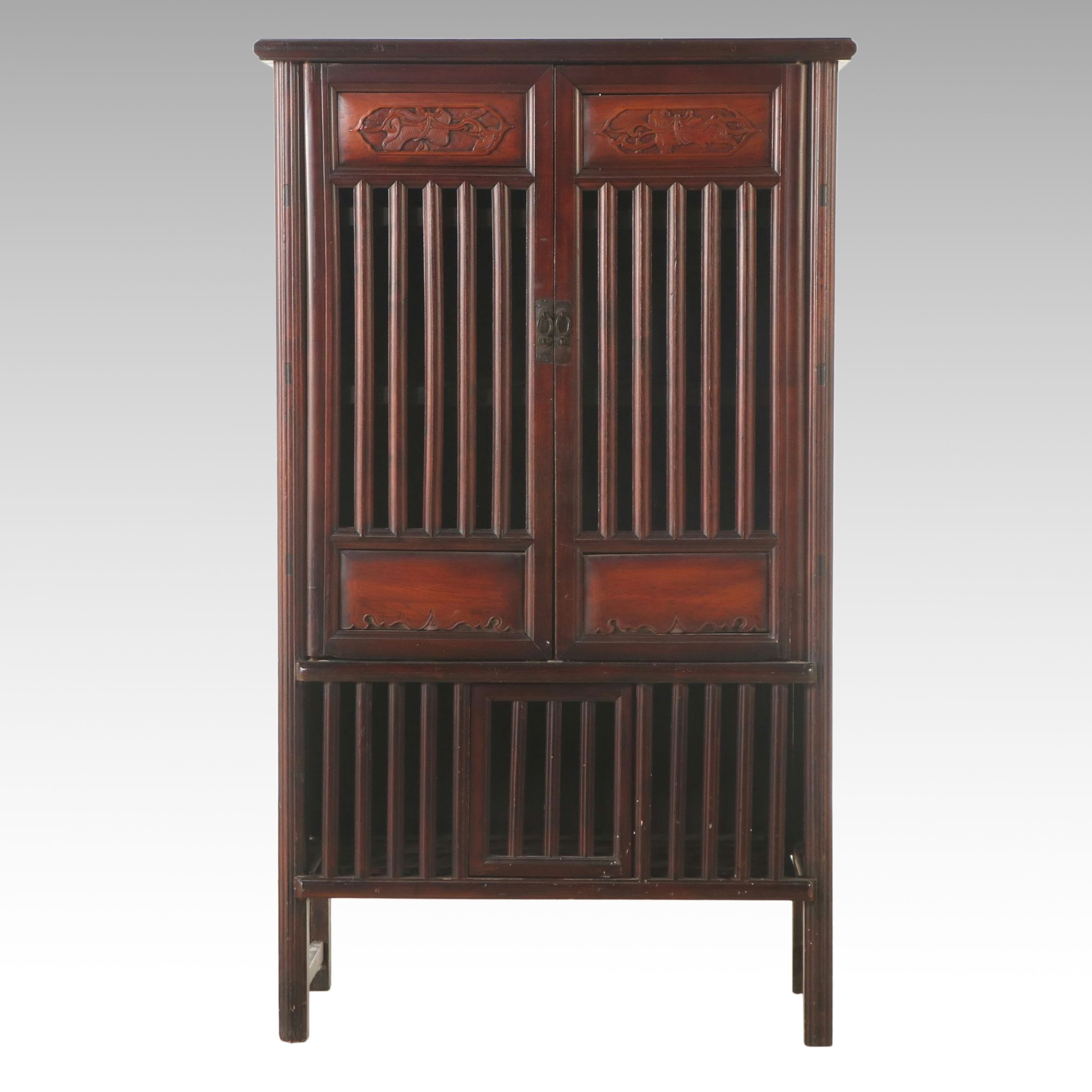 Chinese Mahogany and Carved Wood Tansu Cabinet, 20th Century