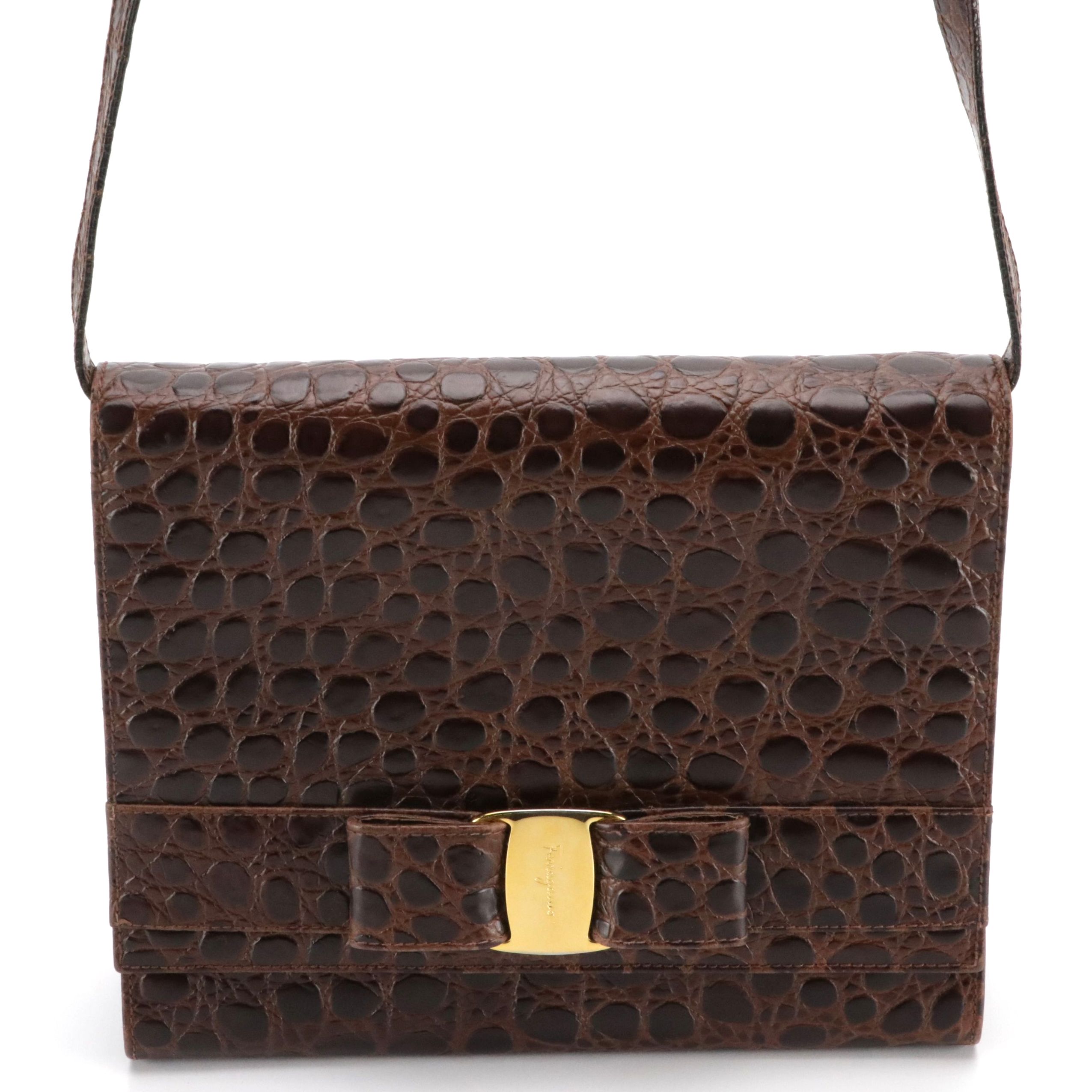 Salvatore Ferragamo Vara Bow Flap Crossbody Bag in Brown Embossed Leather