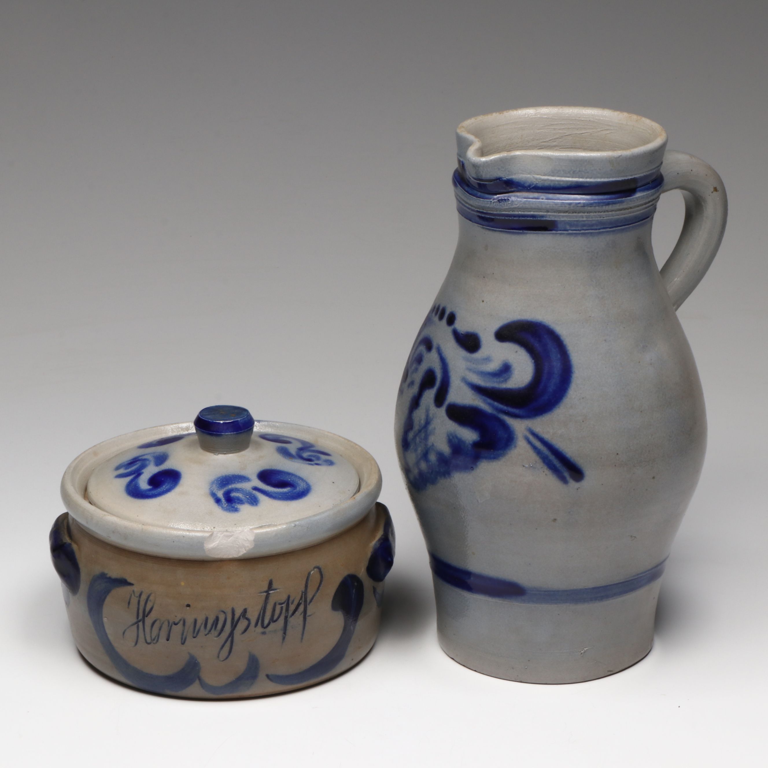 German Rustic Salt Glazed Stoneware Pitcher and Lidded Jar