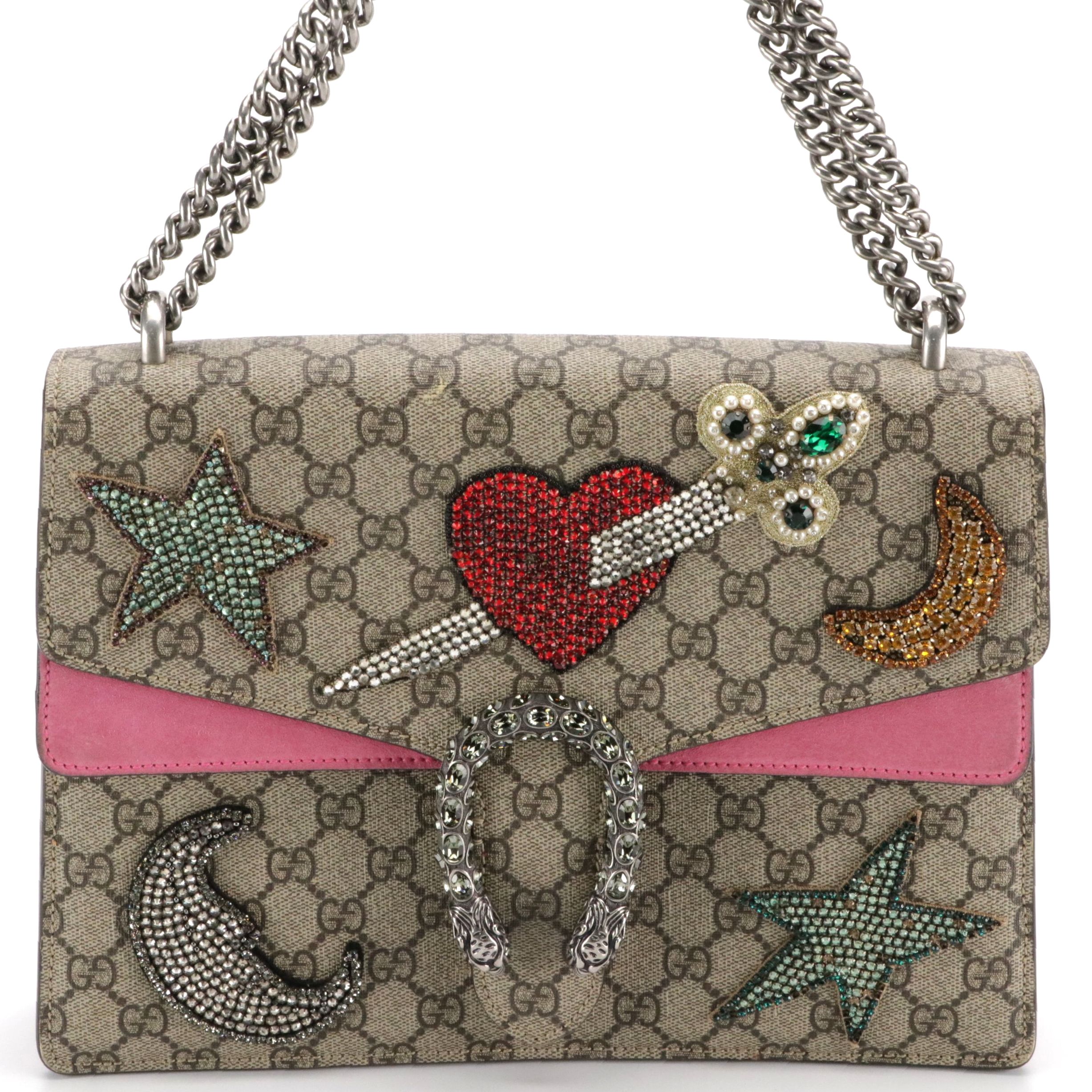 Gucci Rhinestone Embellished Dionysus Bag in GG Supreme Canvas and Pink Suede