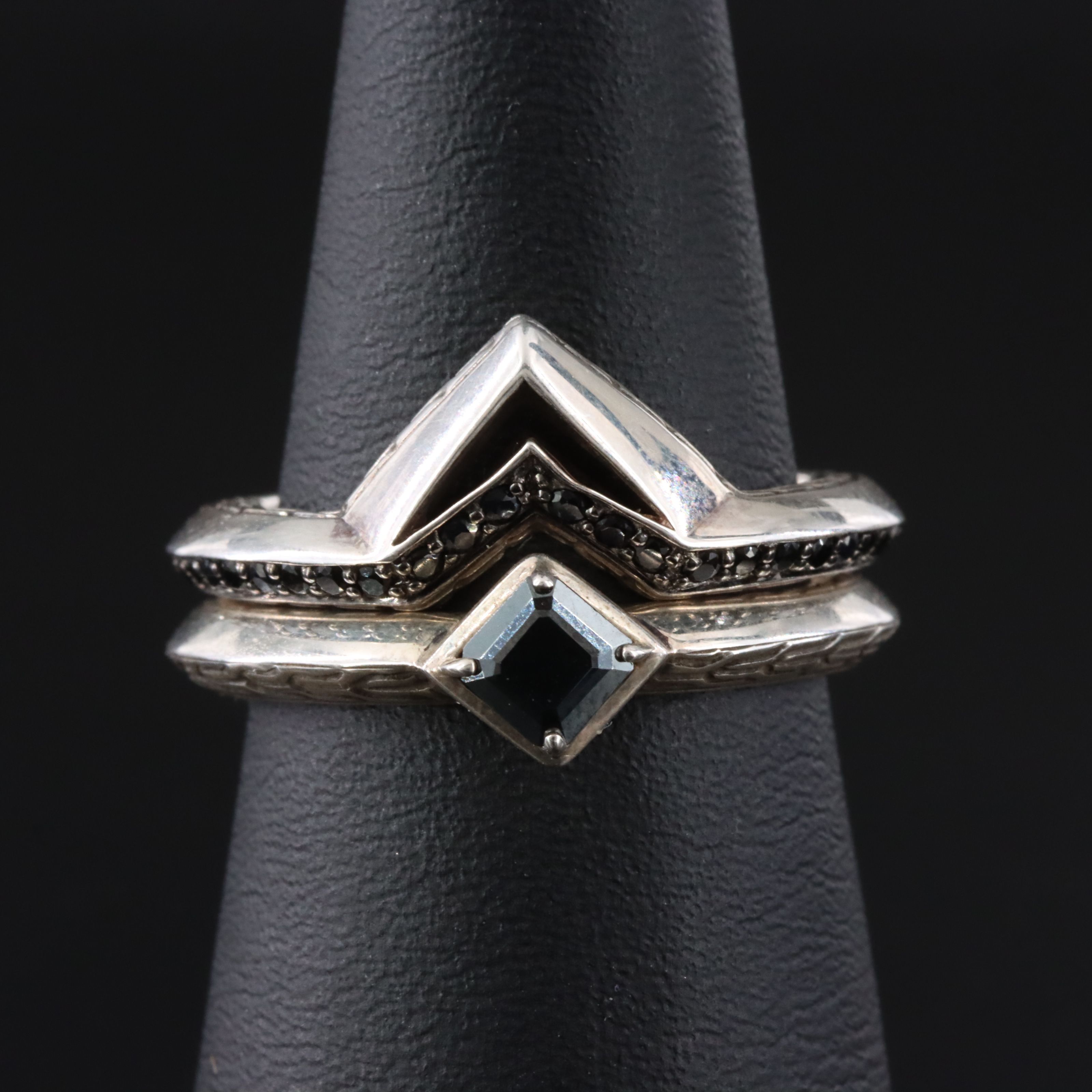 John Hardy Tiga Sterling Black Sapphire and Spinel Stacking Ring Set