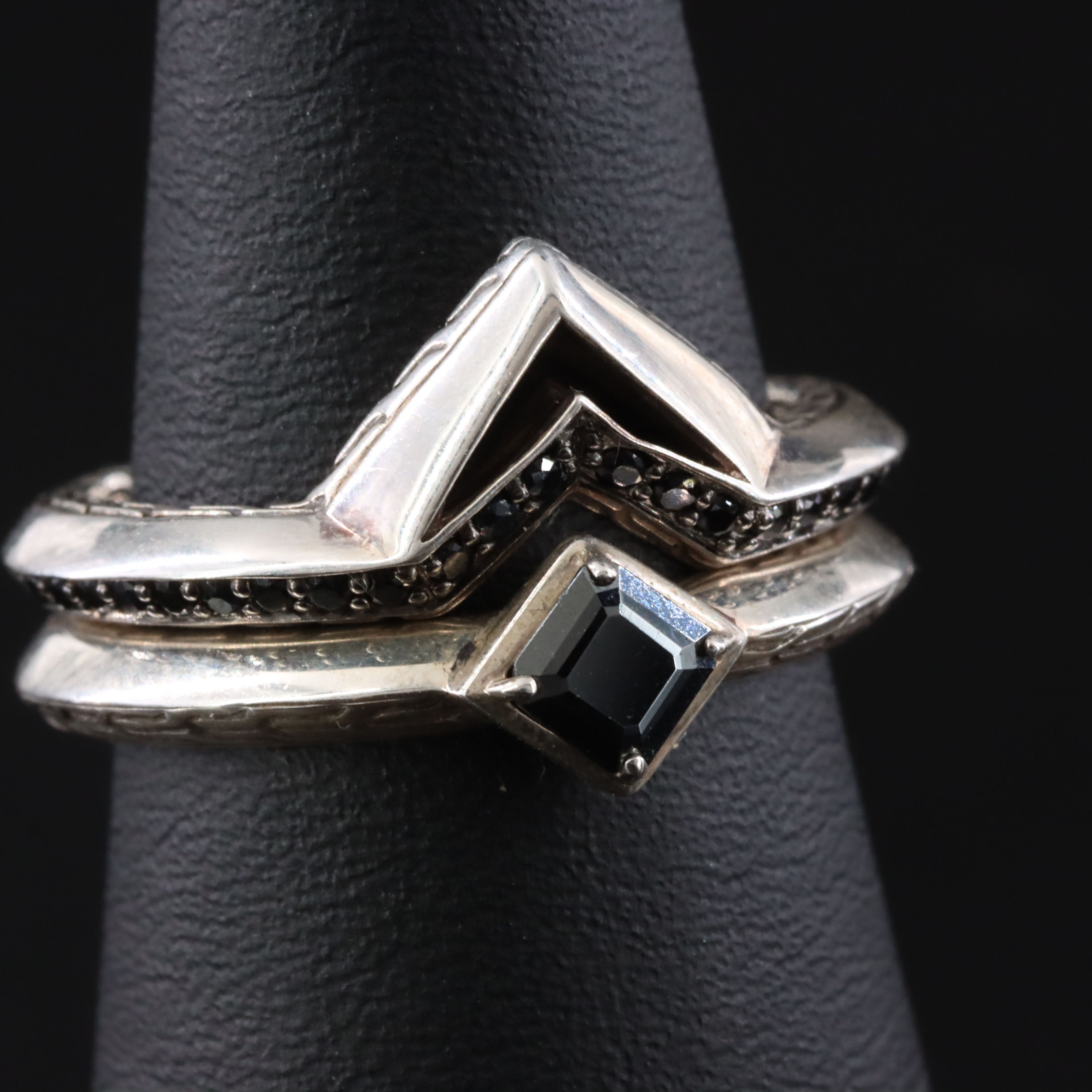 John Hardy Tiga Sterling Black Sapphire and Spinel Stacking Ring Set