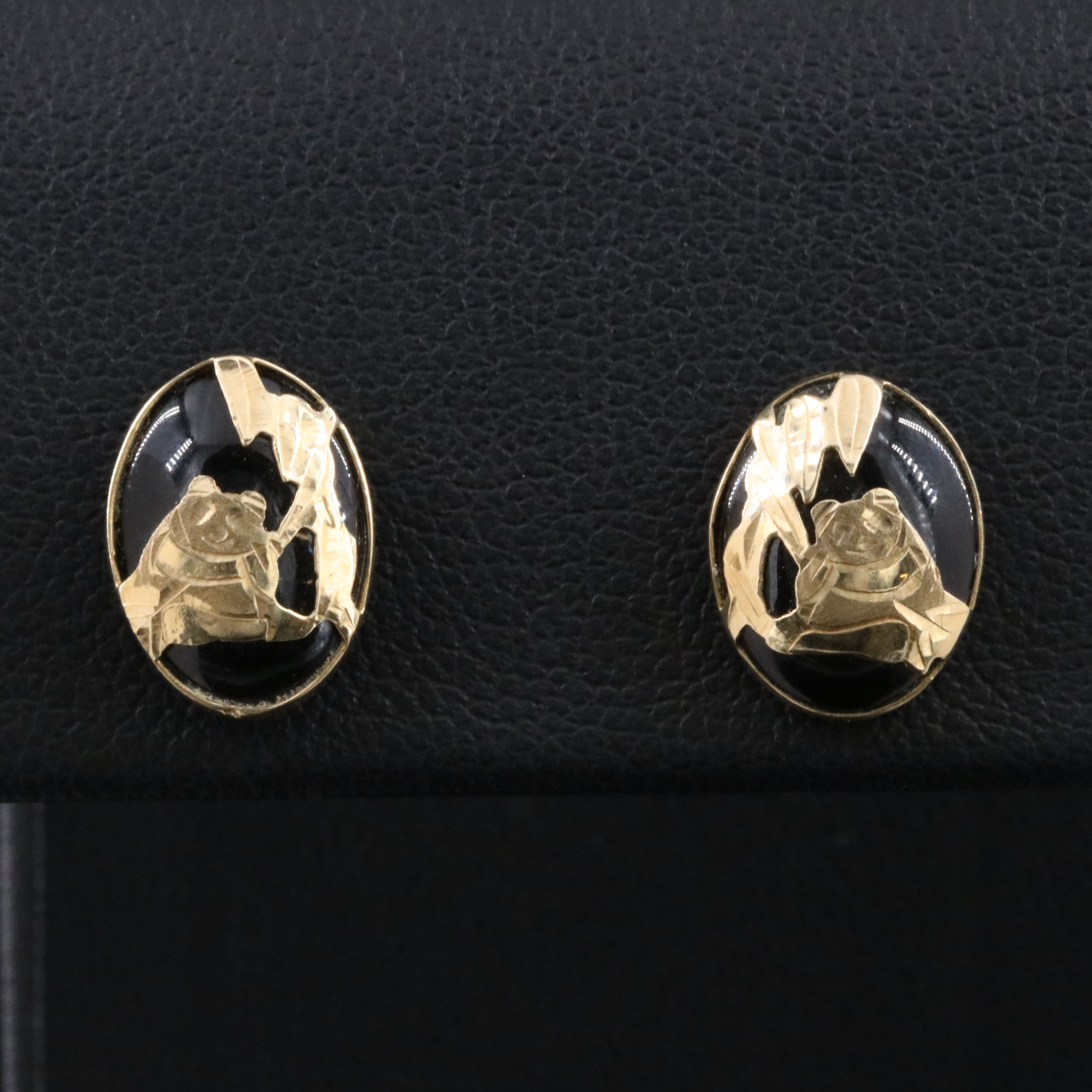 14K Black Onyx Panda Bamboo Motif Stud Earrings