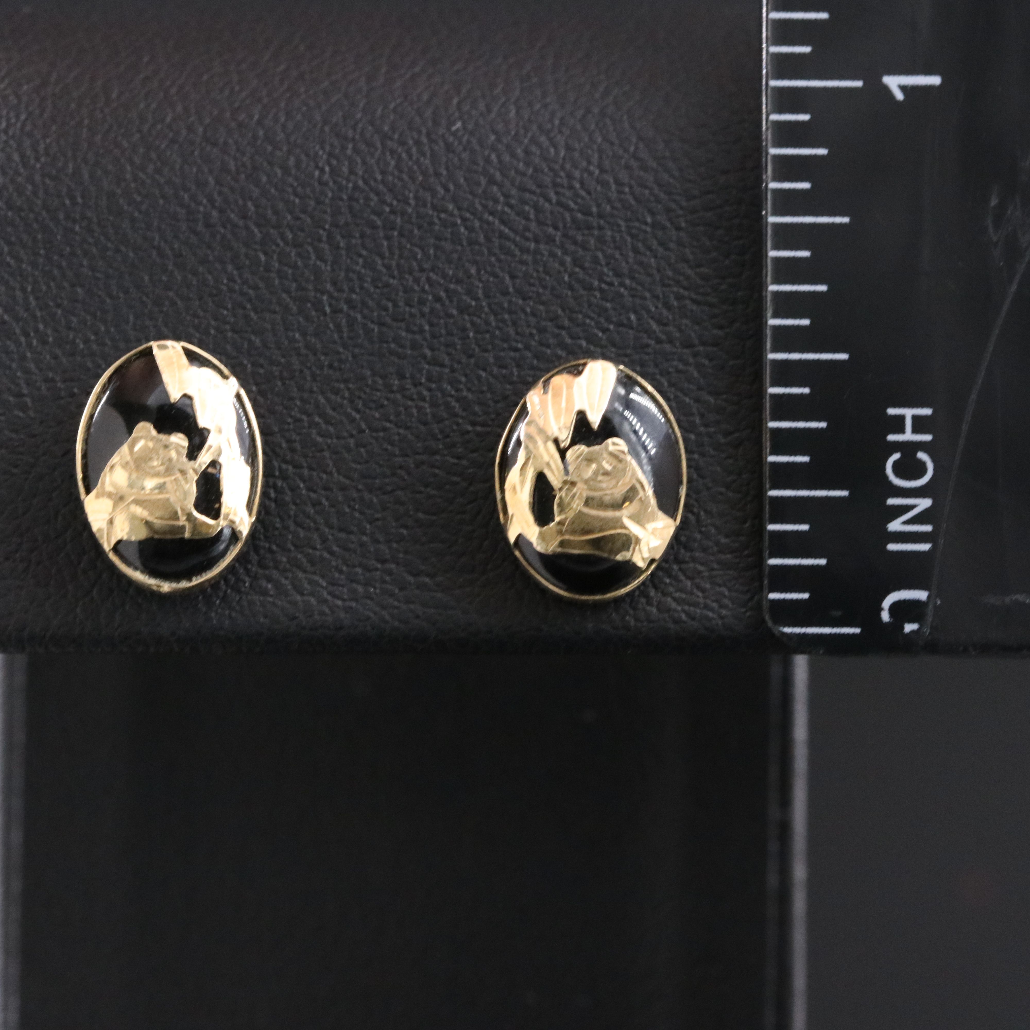 14K Black Onyx Panda Bamboo Motif Stud Earrings