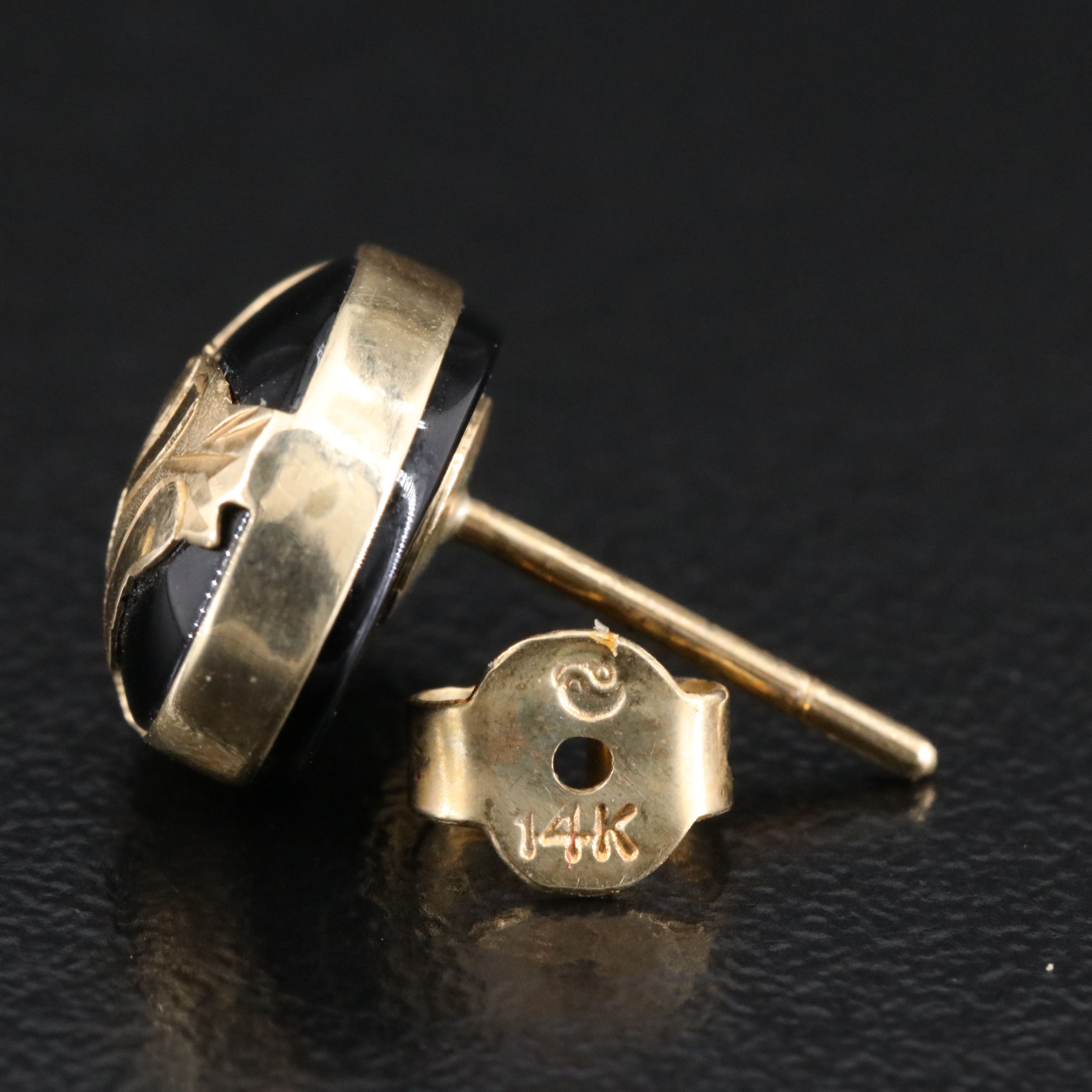 14K Black Onyx Panda Bamboo Motif Stud Earrings