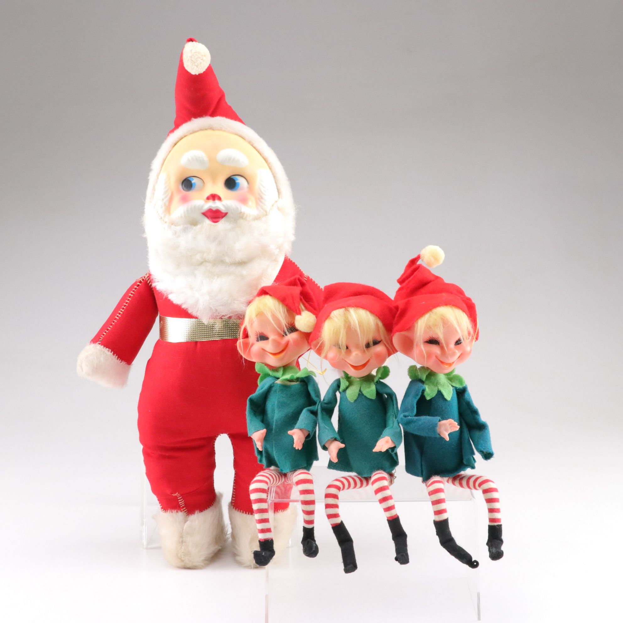 Japanese Knee-Hugger Elf Dolls and Plush Santa Claus with Molded Face