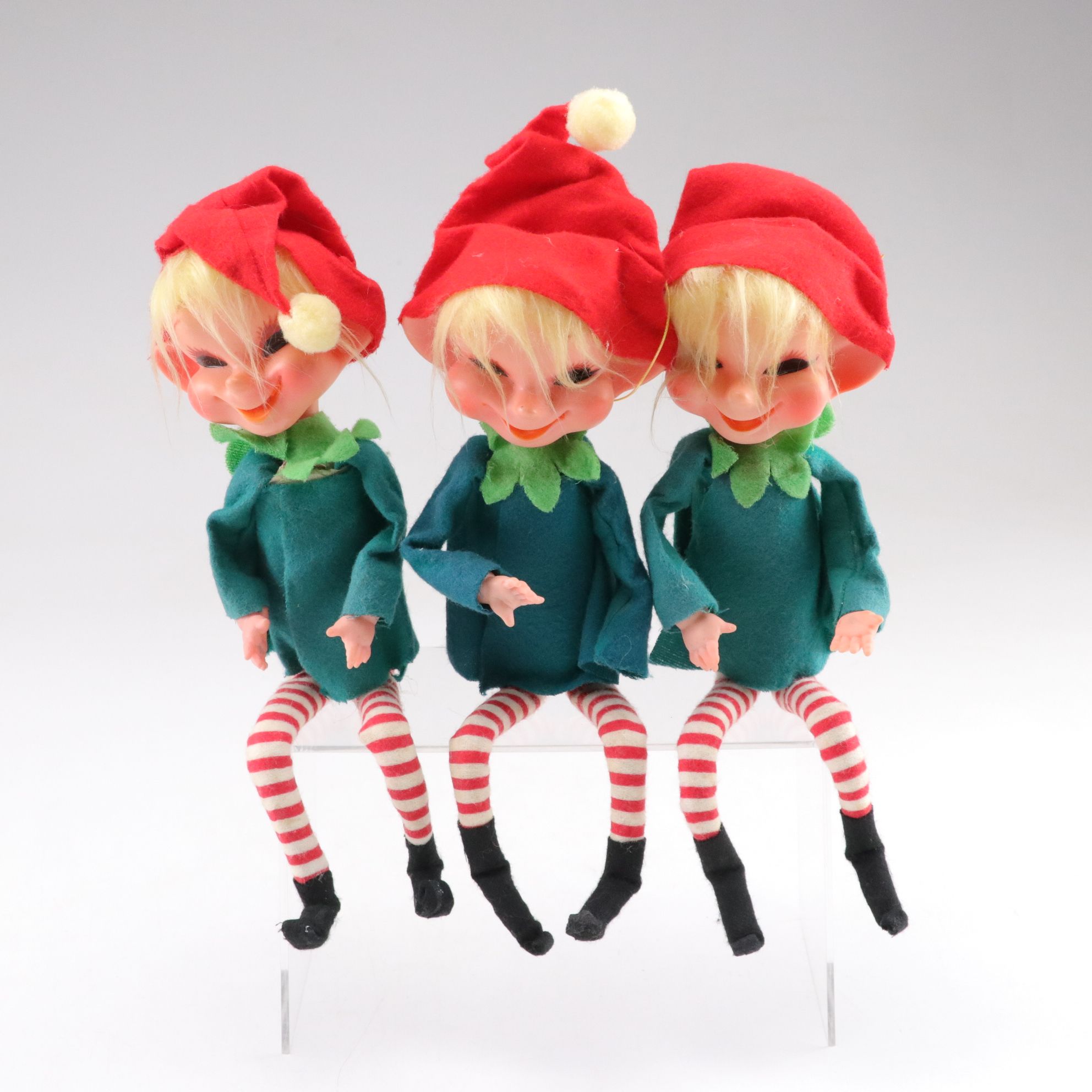 Japanese Knee-Hugger Elf Dolls and Plush Santa Claus with Molded Face