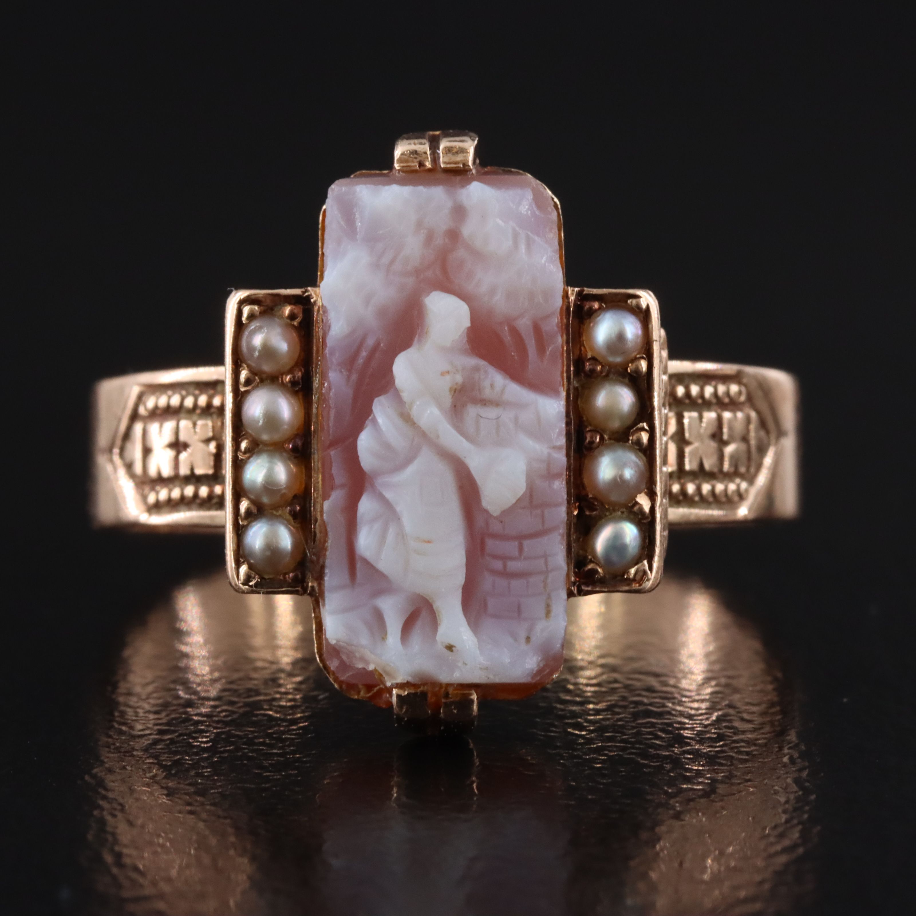 Antique Rose Gold 10K Sardonyx and Seed Pearl Rebecca At the Well Cameo Ring