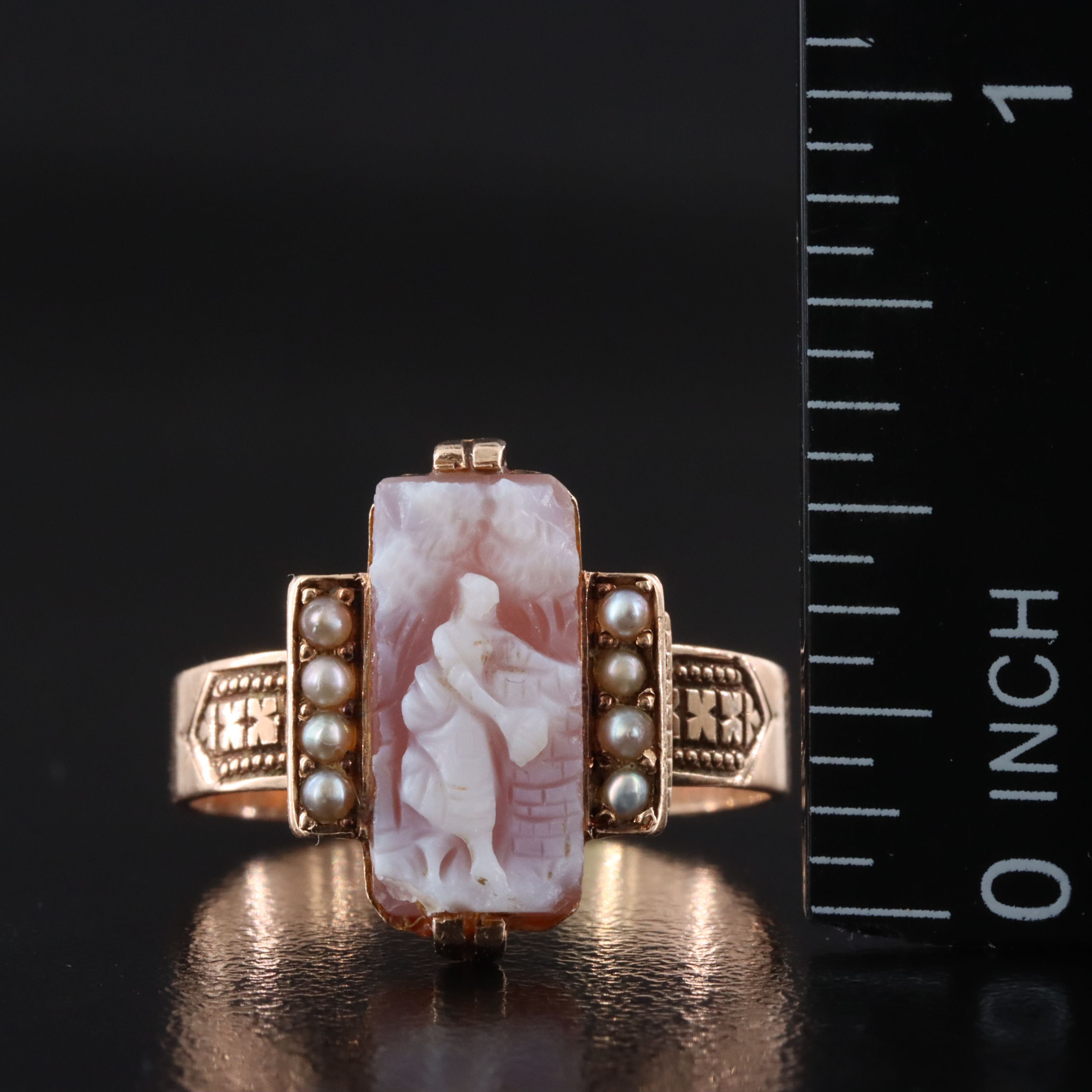 Antique Rose Gold 10K Sardonyx and Seed Pearl Rebecca At the Well Cameo Ring