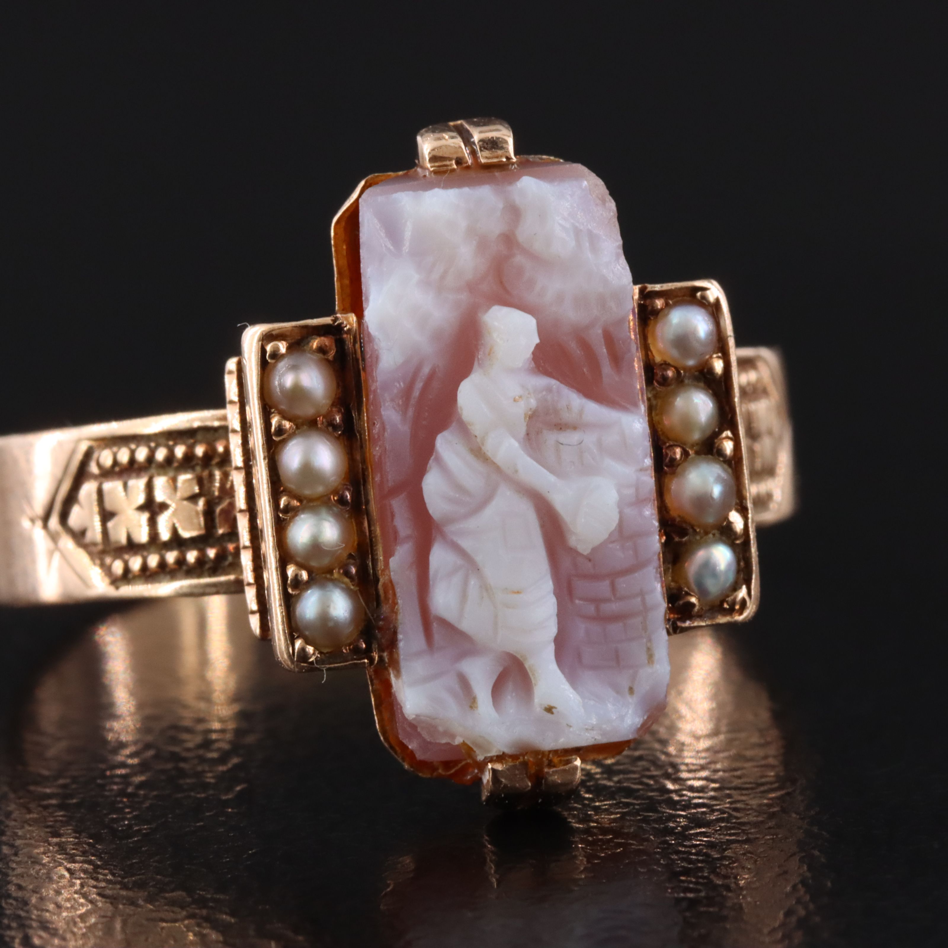 Antique Rose Gold 10K Sardonyx and Seed Pearl Rebecca At the Well Cameo Ring