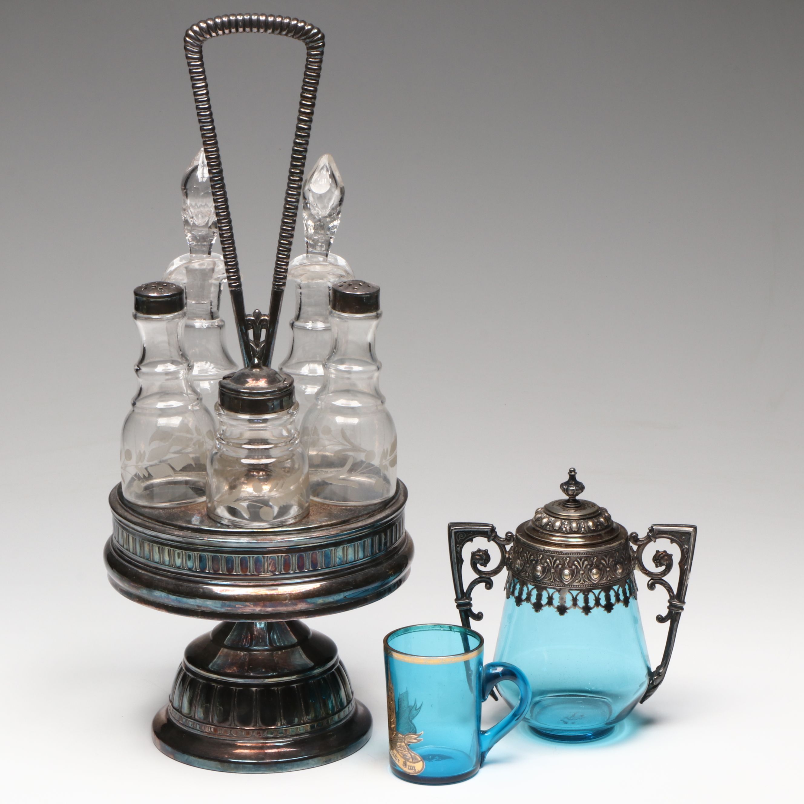 Vintage Silver Plate Castor Set with Silver Plate and Glass Serveware