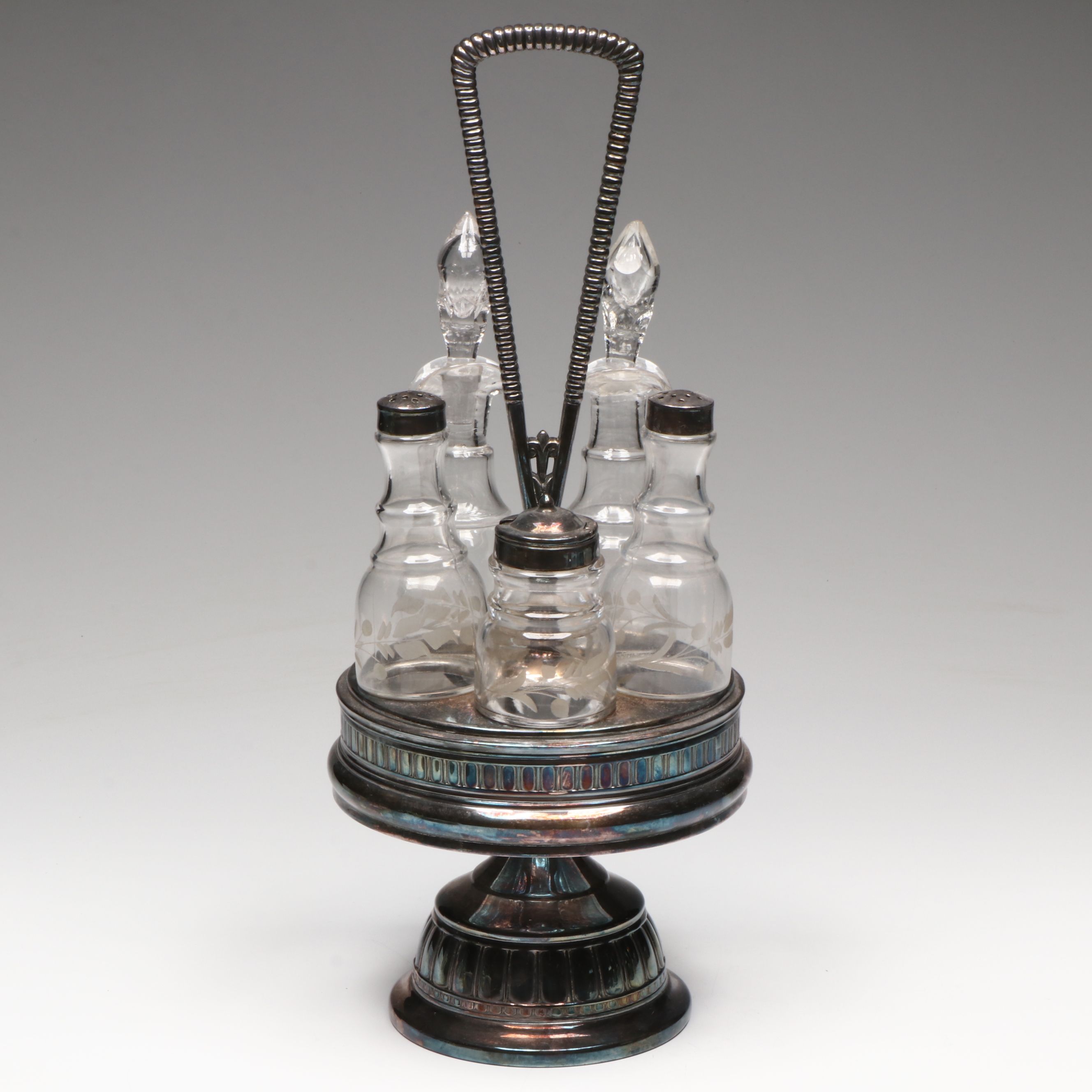 Vintage Silver Plate Castor Set with Silver Plate and Glass Serveware