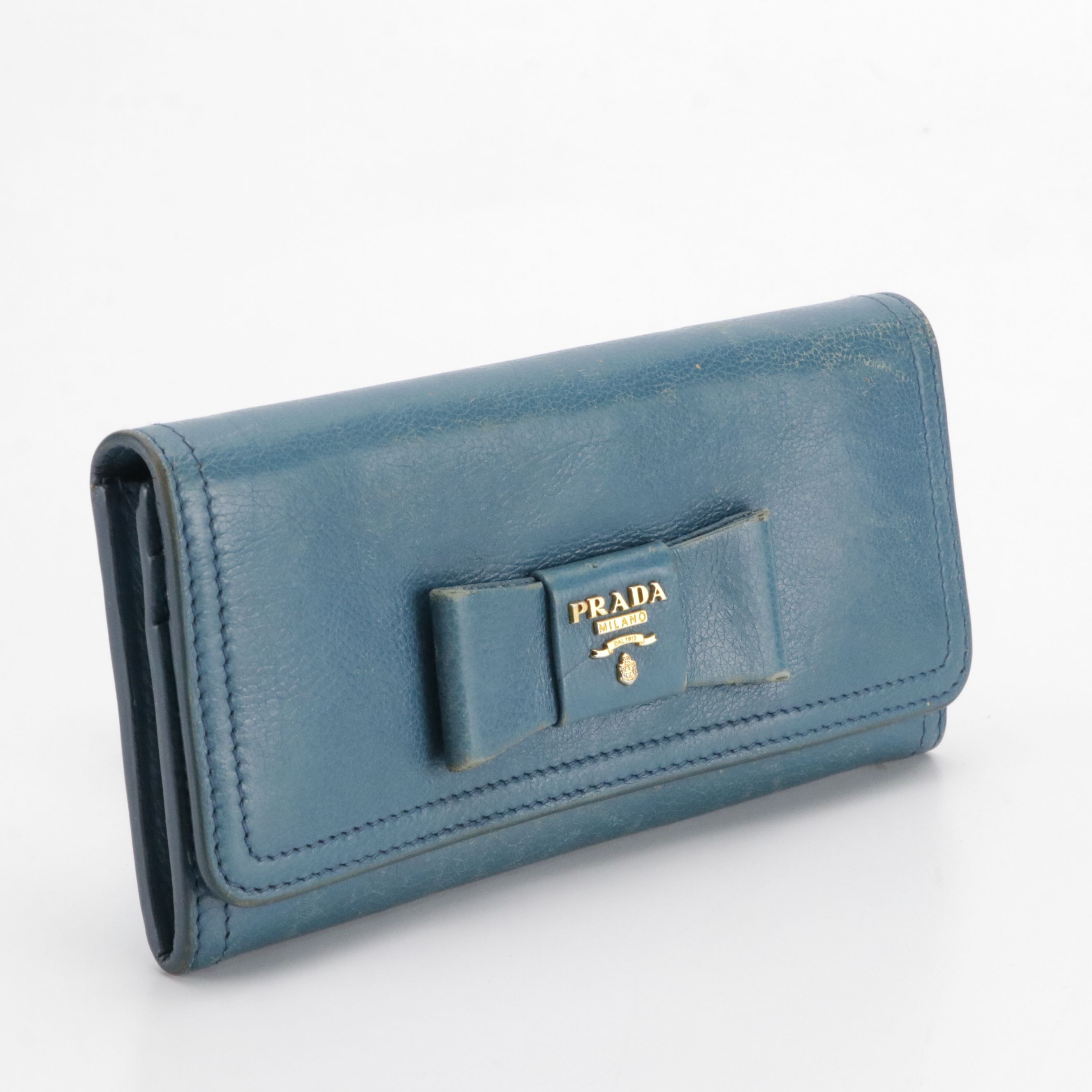 Prada Bow Long Bifold Wallet in Teal Leather