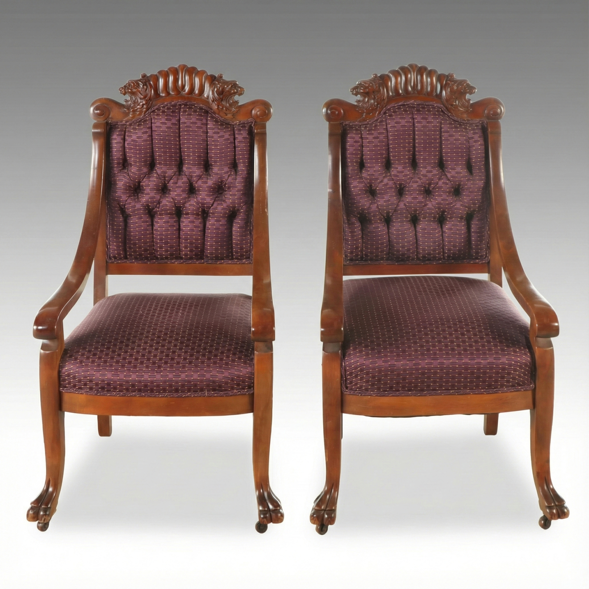 Pair of Victorian Style Carved Wood Throne Chairs