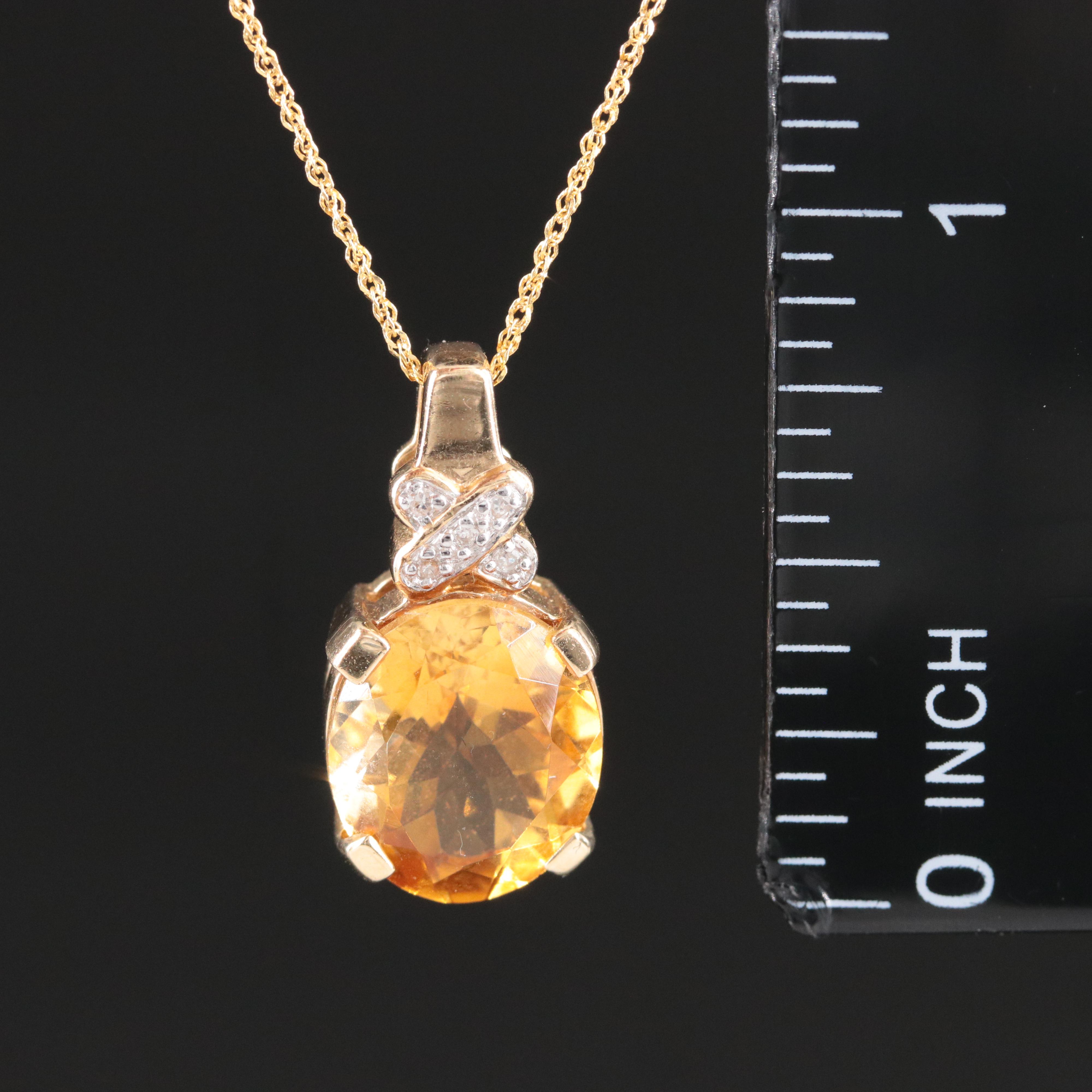 10K Citrine and Diamond Pendant on 14K Chain Necklace