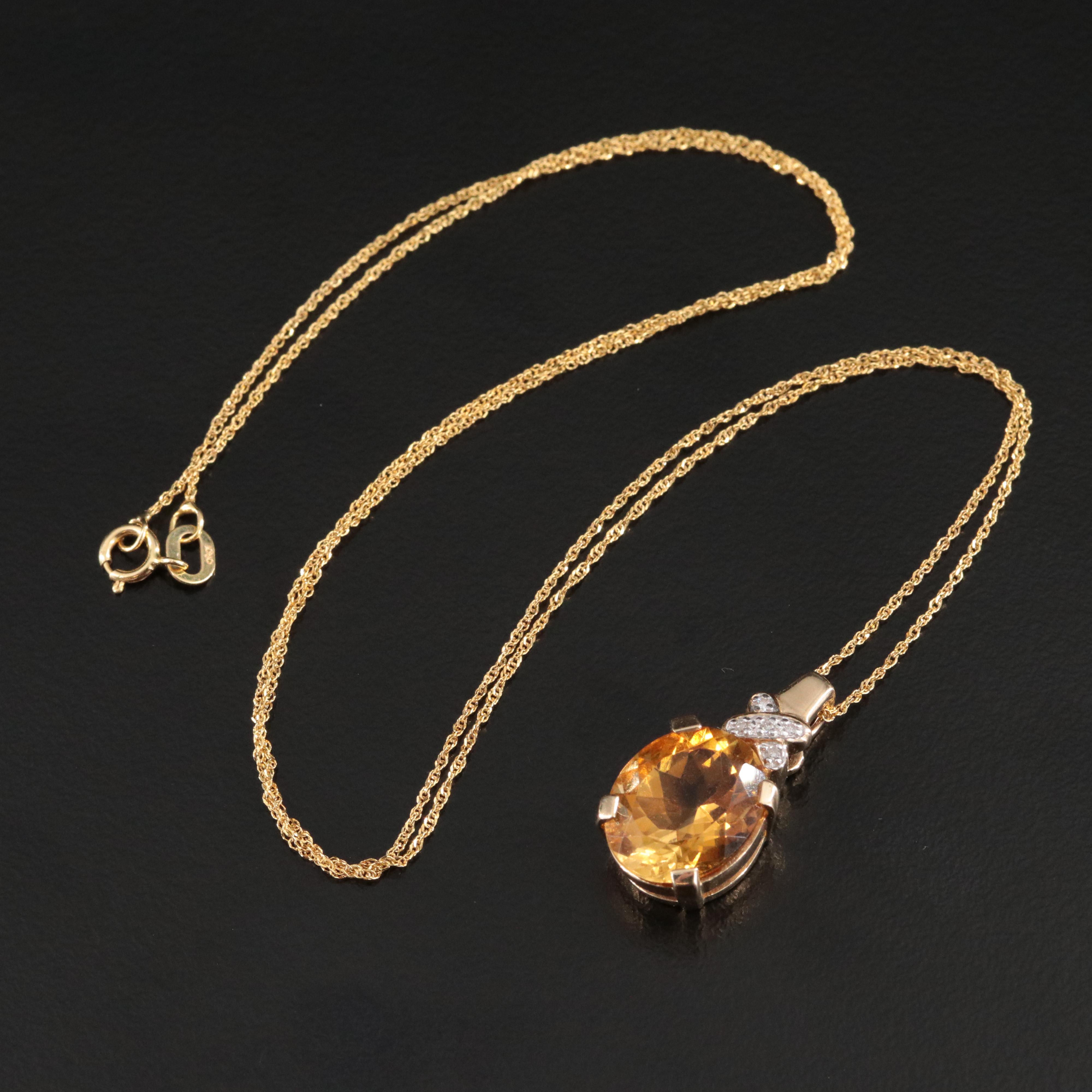 10K Citrine and Diamond Pendant on 14K Chain Necklace